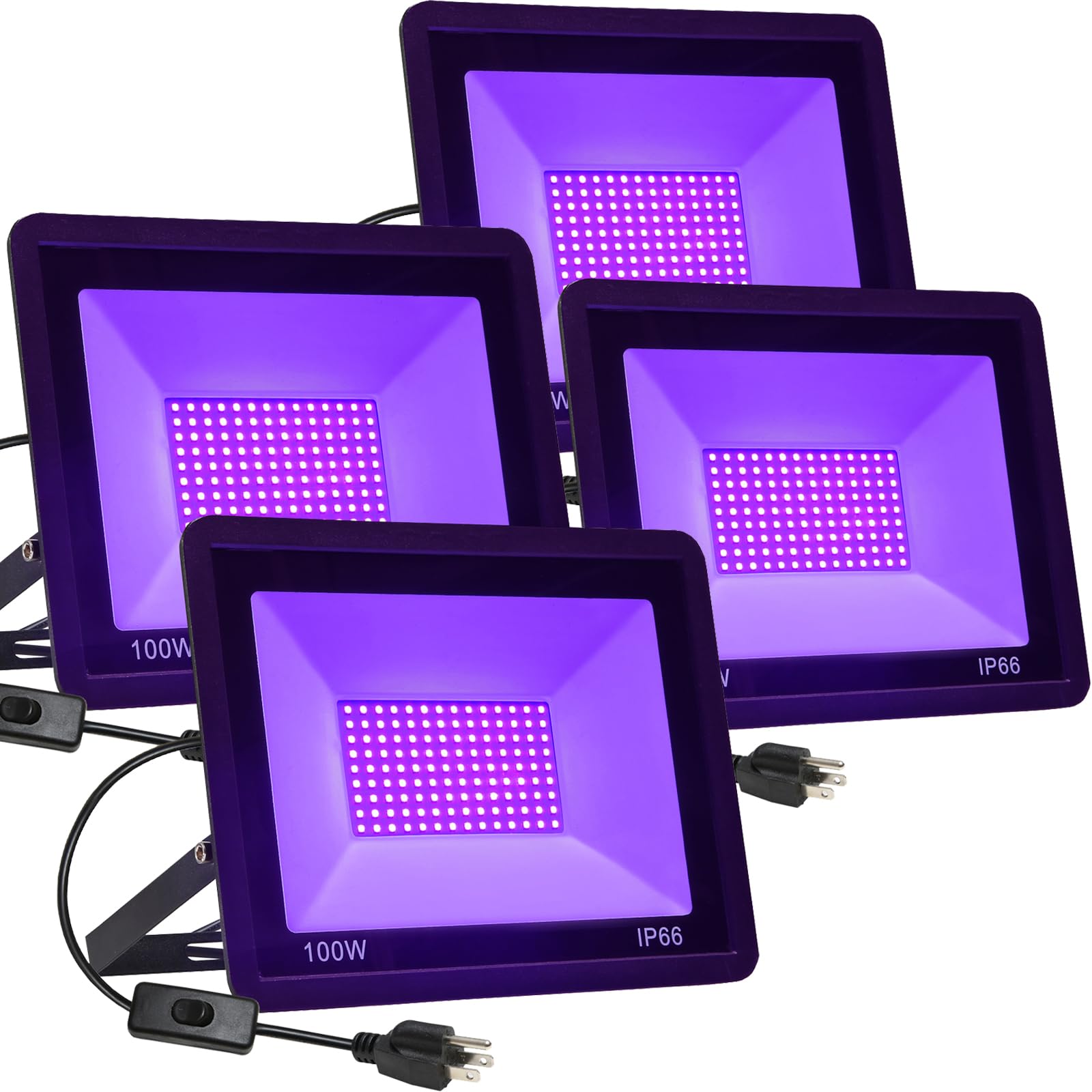 QIYEKA 4 Pack 100W LED Black Lights, Flood Blacklight with Plug, IP66 Waterproof Outdoor UV Spotlight for Dance Party Large Spac