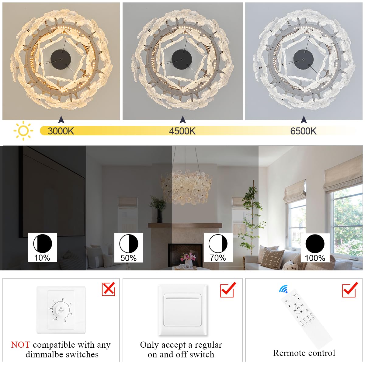 Poemoon Flower Led Crystal Chandelier 20'' Modern Black Flush Mount Dimmable Chandelier Light Fixture With Remote Control For Di