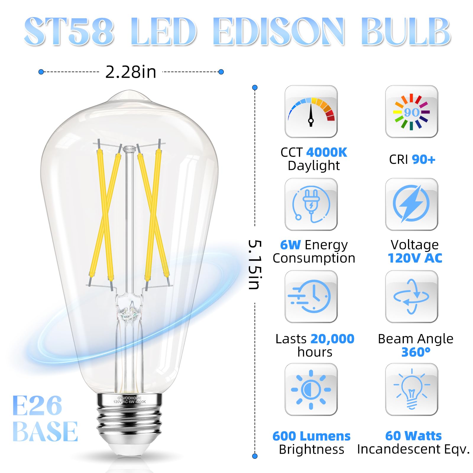 Gvvoohome E26 Bulb, Non-Dimmable Edison Bulbs 60 Watt Led, 4000K Daylight White, St58 Vintage Light Bulbs, 90+ Cri, E26 Medium B