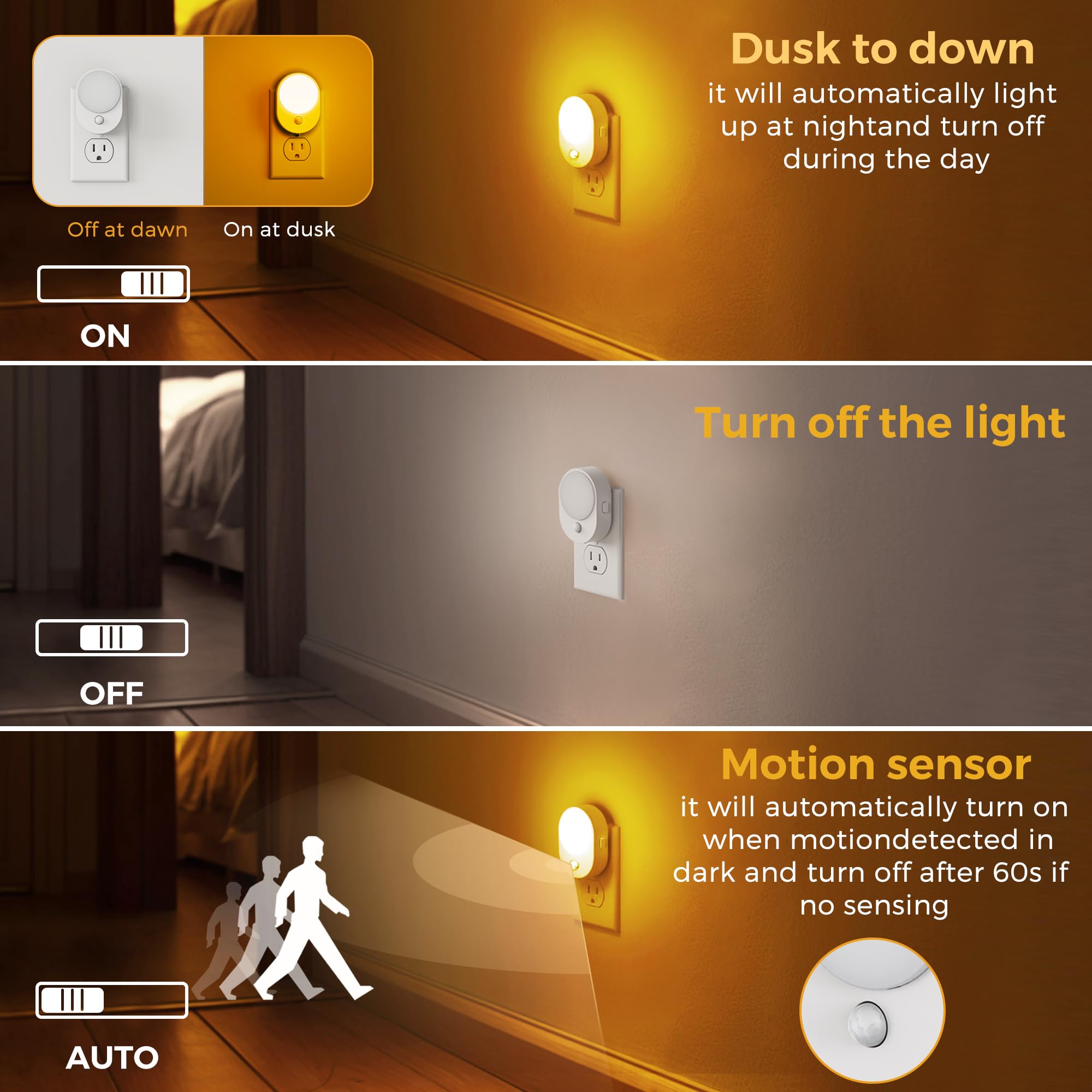 L LOHAS LED Motion Sensor Night Light, 2-Pack Amber Plug-in with Dusk to Dawn & Adjustable Brightness for Bathroom, Hallway, Kitchen