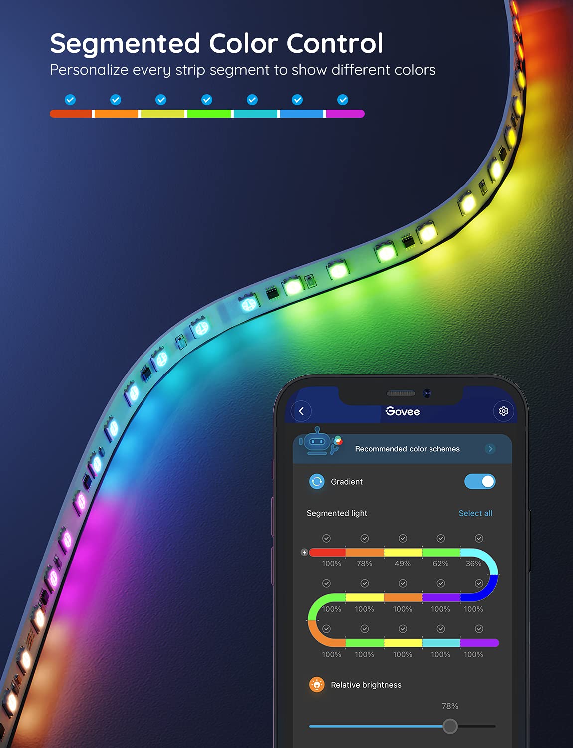 Govee RGBIC LED Strip Lights, 16.4ft Bluetooth Color Changing, Music Sync, App Control, Plastic, Model H6125
