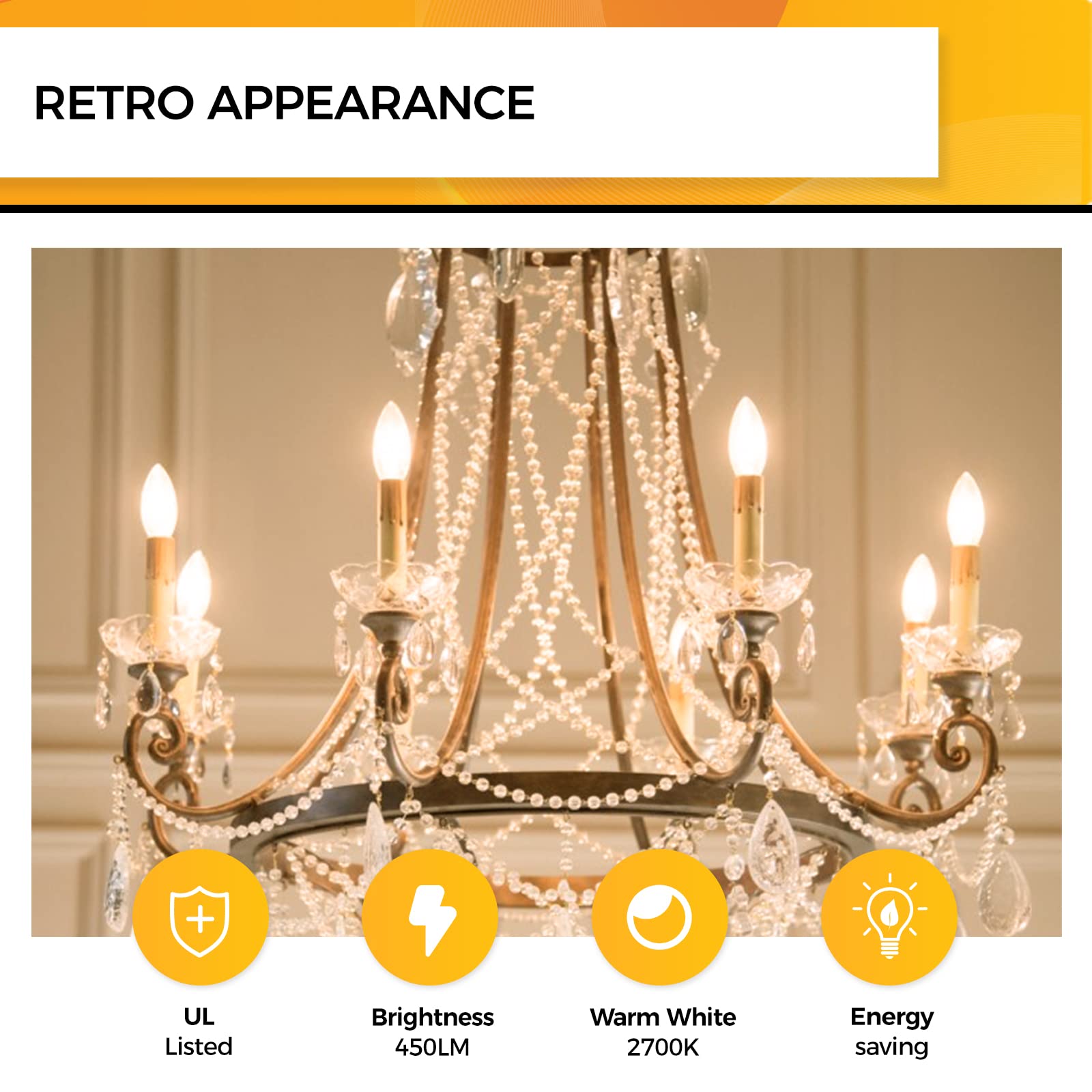 Hizashi E12 Candelabra Bulb 40W 90+CRI Dimmable LED, 4W 450LM, 2700K Warm White, Glass, 24 Pack