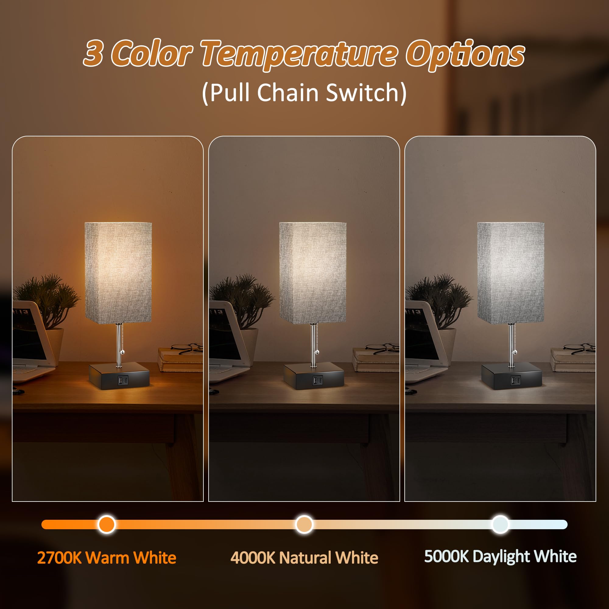 Wihtu 3 Color Temperature Bedside Lamp With Usb C And Usb A Ports Grey Table Lamps For Bedroom Nightstand Small Lamps Bed Lamp D
