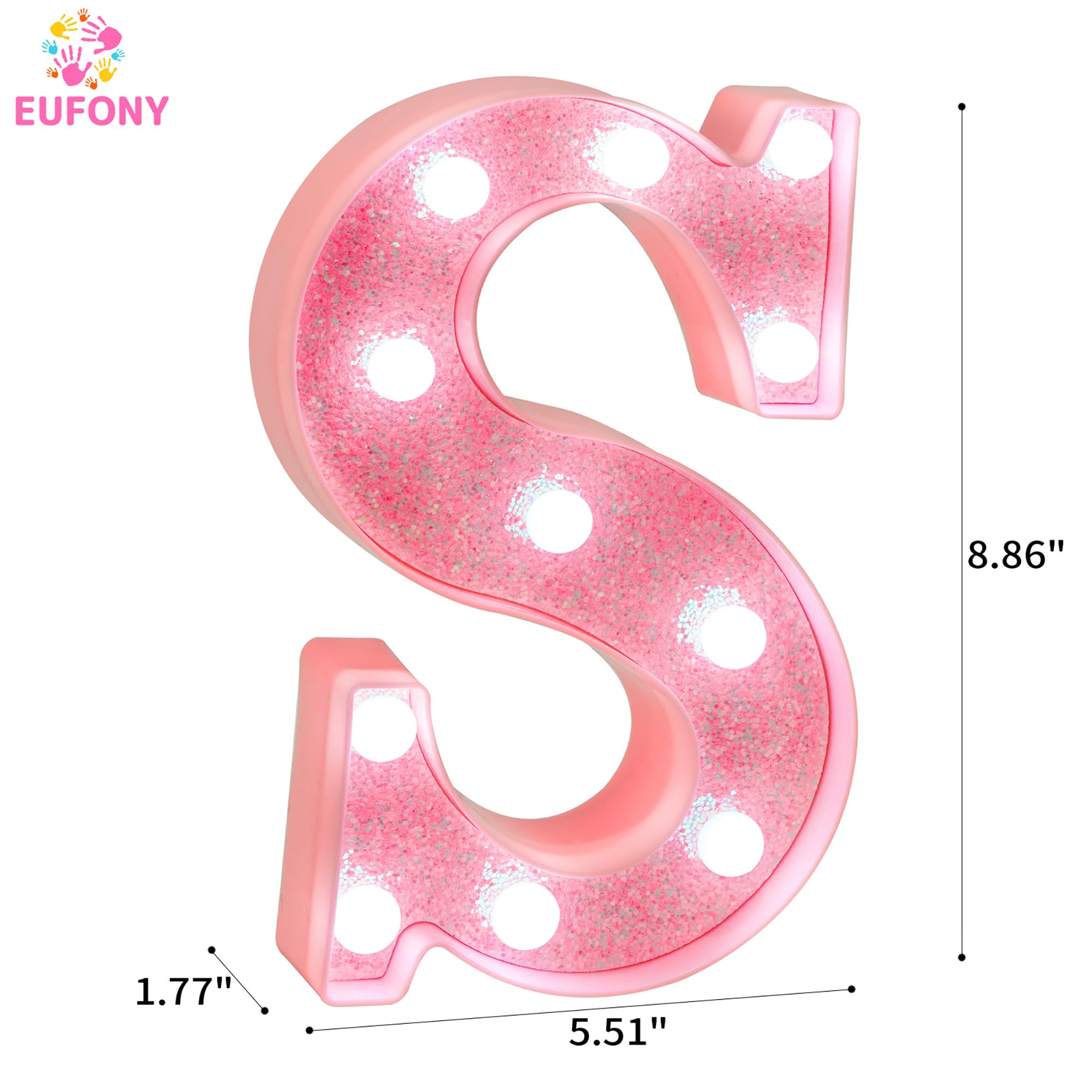 EUFONY Pink Glitter LED Marquee Light Up Letter S with Cool White Lights, Battery-Powered Alphabet Letter Sign for Girls Gift, B
