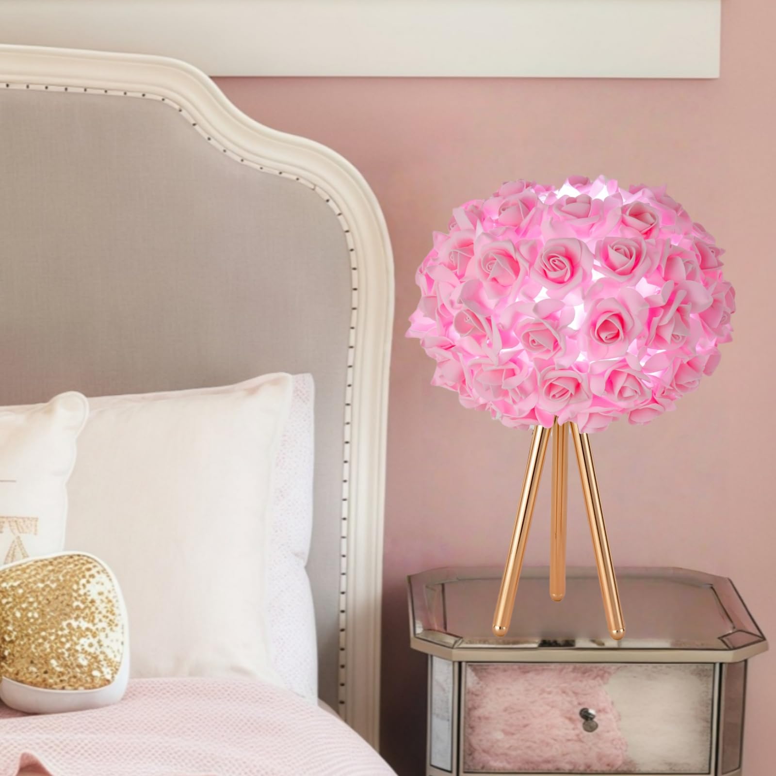 Zyleisenbao Pink Rose Flower Lamp Cute Table Lamp Flower Desk Lamp Floral Bedside Nighstand Light Atmosphere Girls Princess Lamp With Gold Tripod For Bedroom Wedding Christmas Gift Hotel Living Room
