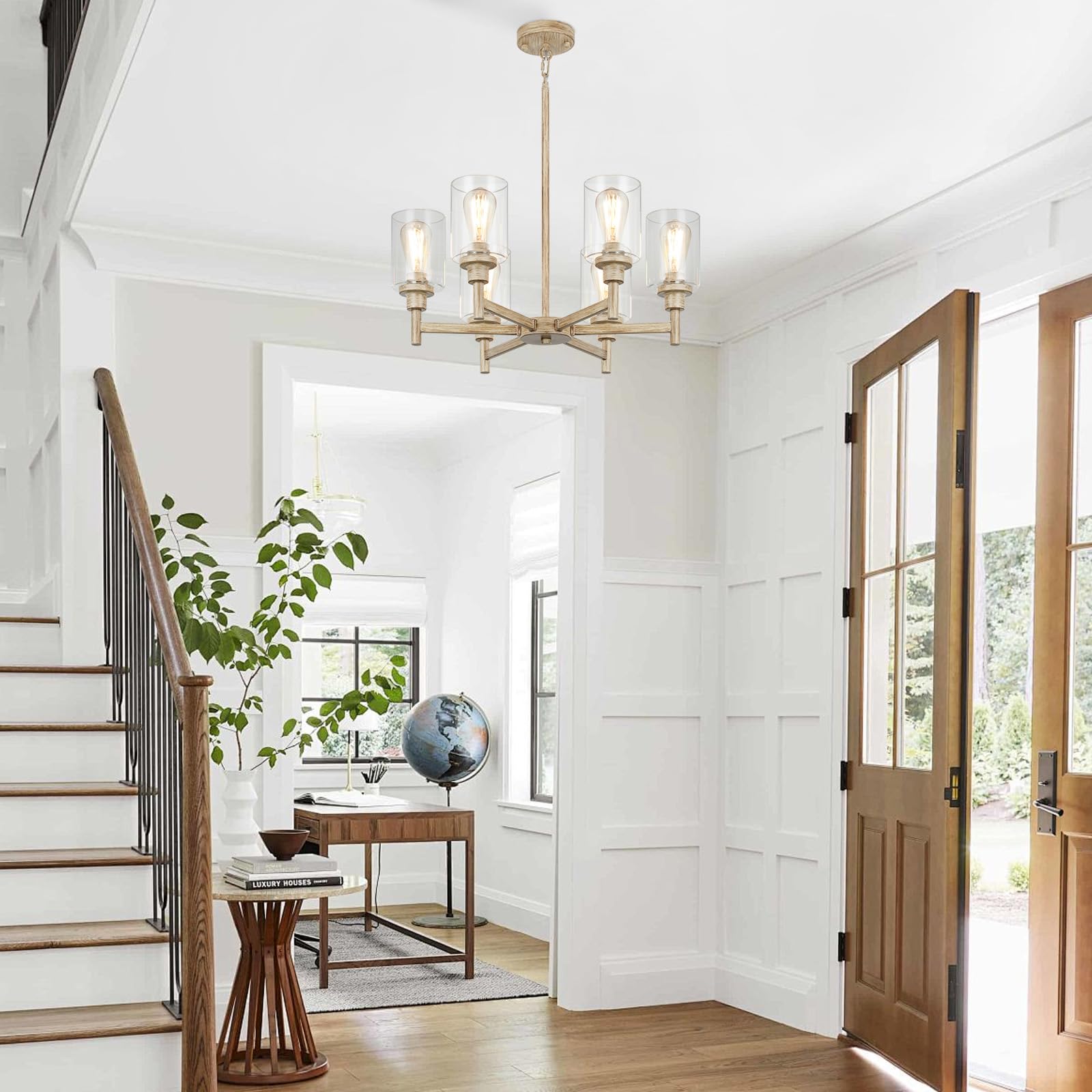 LIGHTDAMY 6-Light Farmhouse Chandelier Metal Faux Wood Texture D25in for Dining Room, Kitchen, Entryway, Bathroom