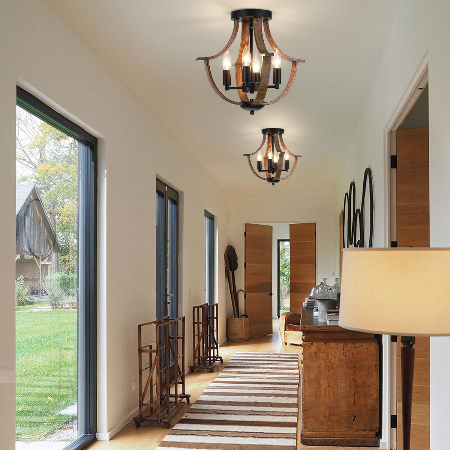 LAMPKEDUO 4-Light Rustic Pendant Lighting, Metal & Faux Wood Chandelier, Black, Model D9901-4 for Dining Room, Kitchen, Hallway