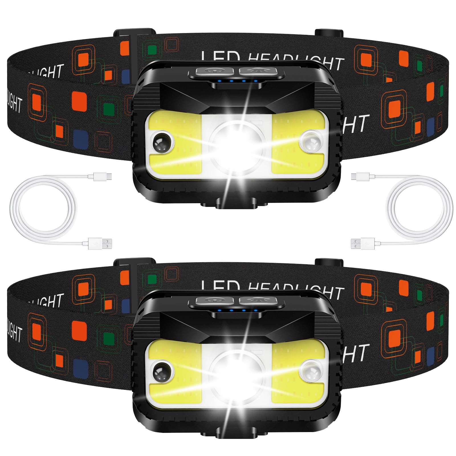 MIOISY Headlamp Rechargeable 1200 Lumen LED Flashlight 2 Pack Motion Sensor Waterproof Black Model TG-T12602