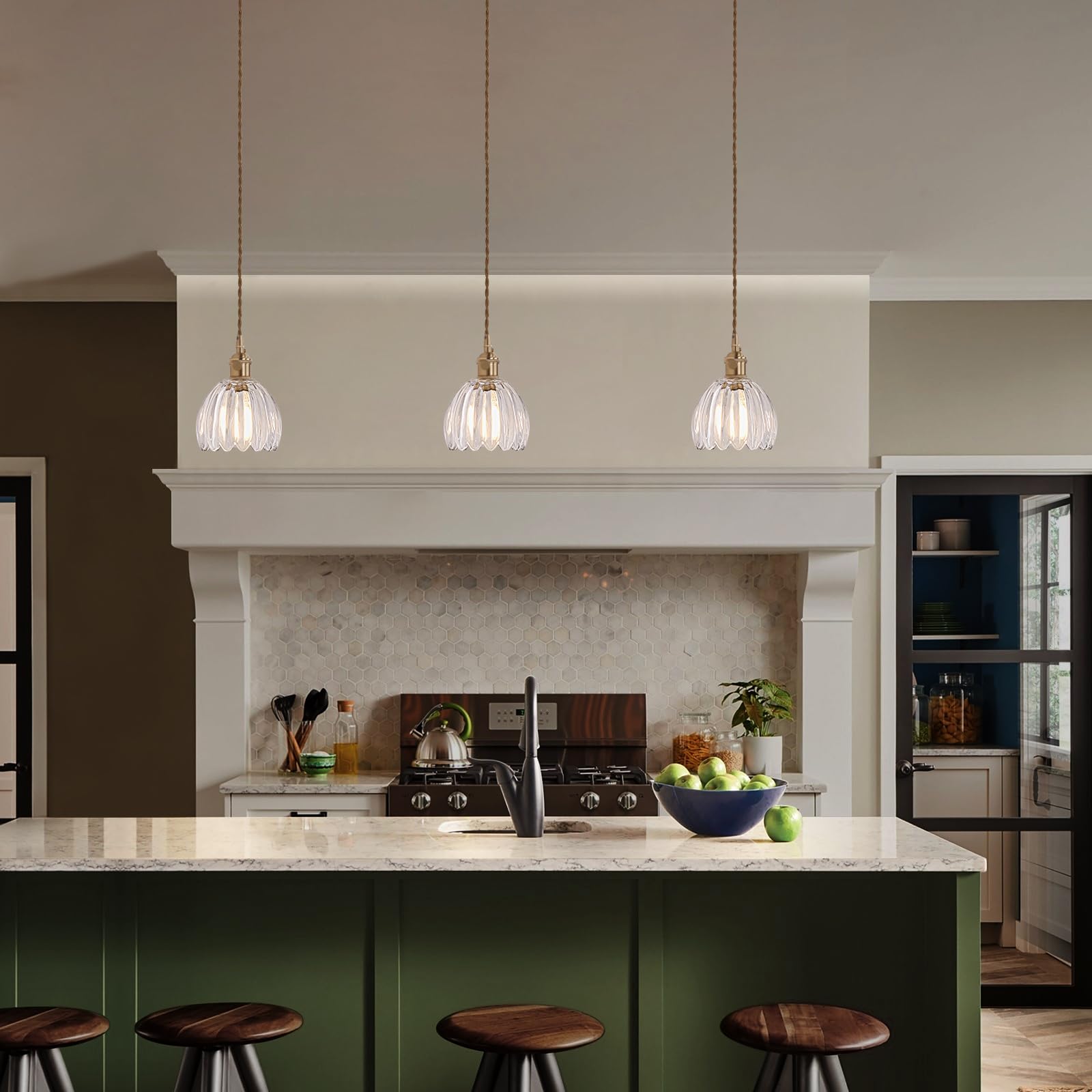 Shenmoyl Mini Pendant Light With Clear Tulip Glass Lmapshade, Brass Vintage Pendant Light Adjustable Hanging Light For Kitchen I