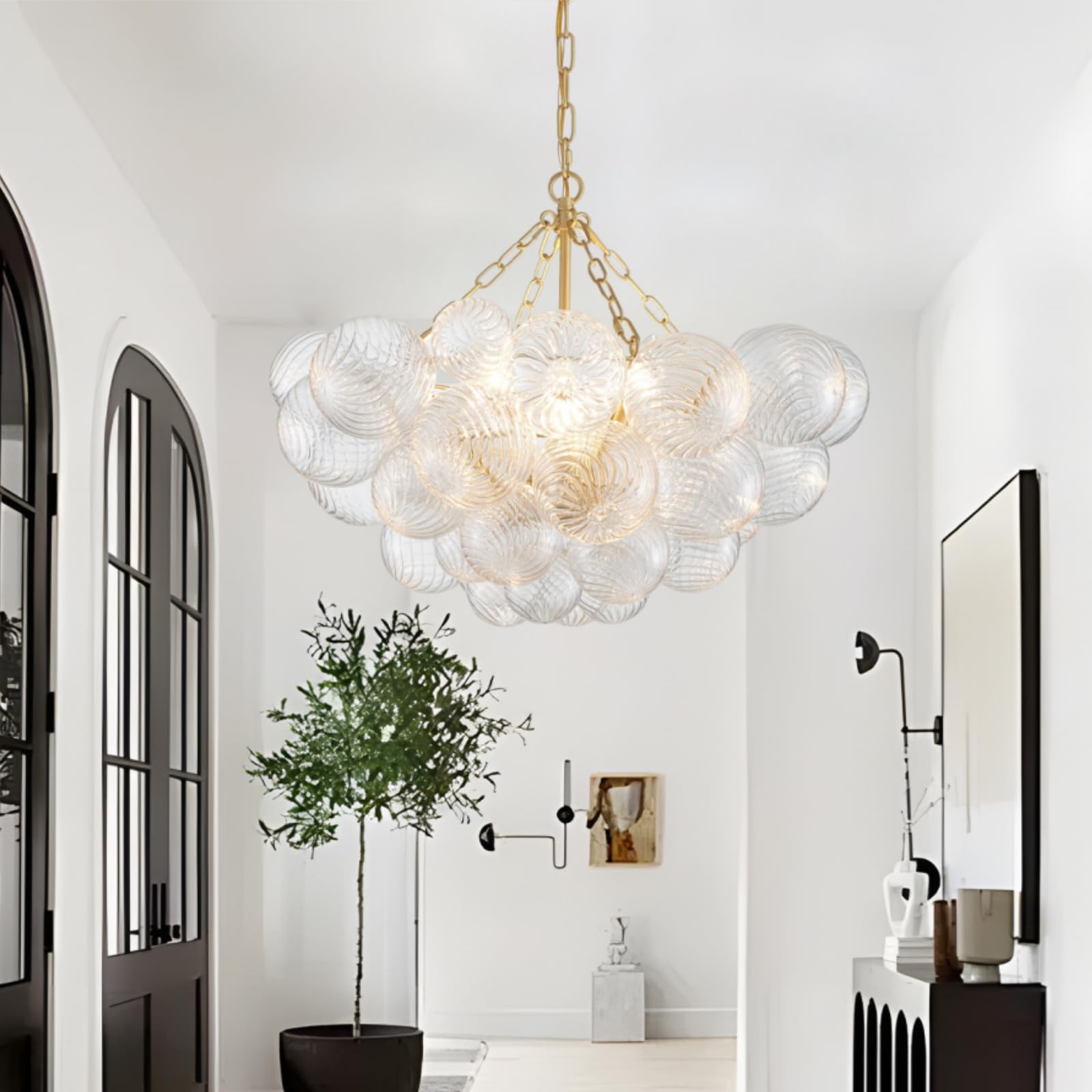 SM Saint Mossi 5-Light Bubble Ball Glass Chandelier, Clear with Gold Canopy, Nordic Modern Design, Model SM-DY-24016