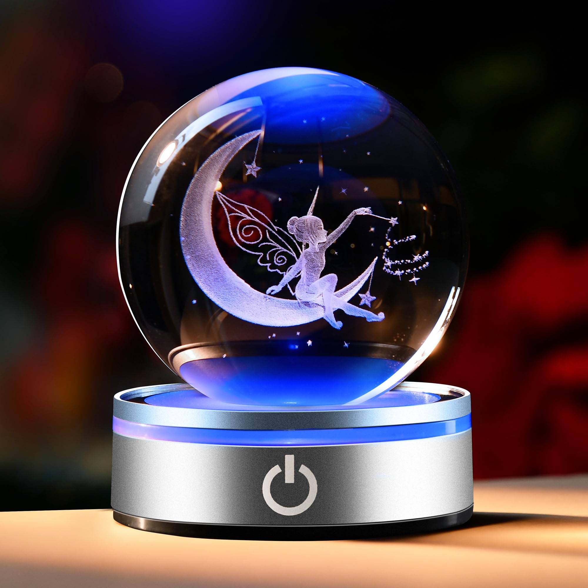 IFOLAINA Moon Fairy Crystal Ball 3D Laser Engraved Fairy Glass Ball Fairy Night Light Decorative Globes 3D Crystal Moon Sphere F