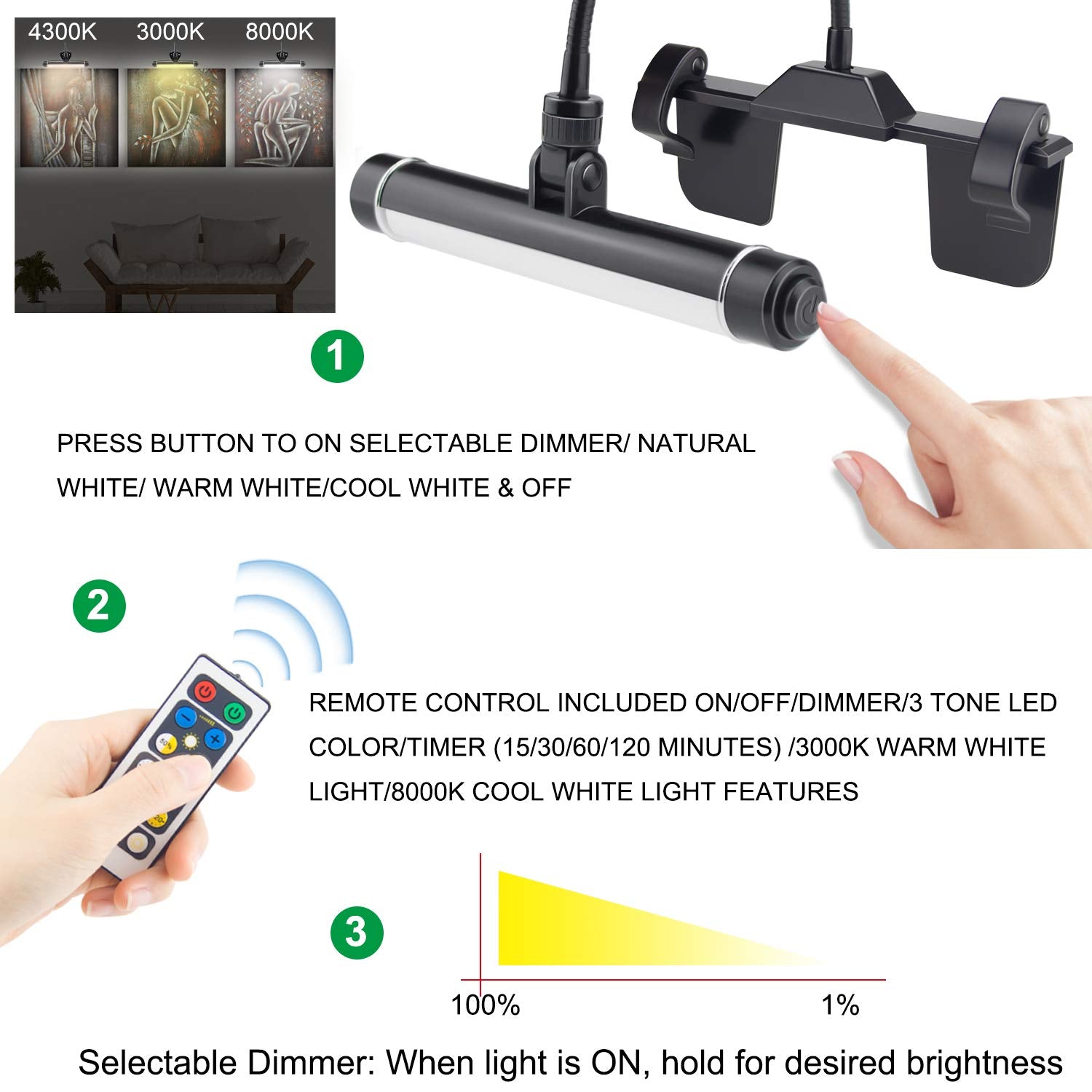 LUXSWAY Wireless Picture Frame Light, Rechargeable LED Art Display with Remote, Flexible Neck, Black, Model DY600YW-1