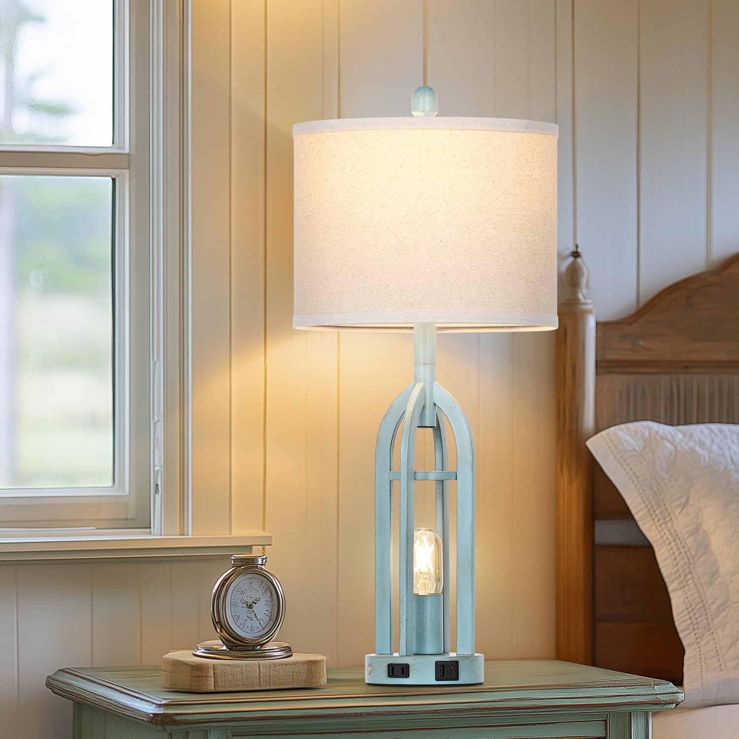 Cinyirong 27" Blue Farmhouse Table Lamps Set of 2 with USB & AC Outlet, Retro Fabric Shade, Model TD-CY-462