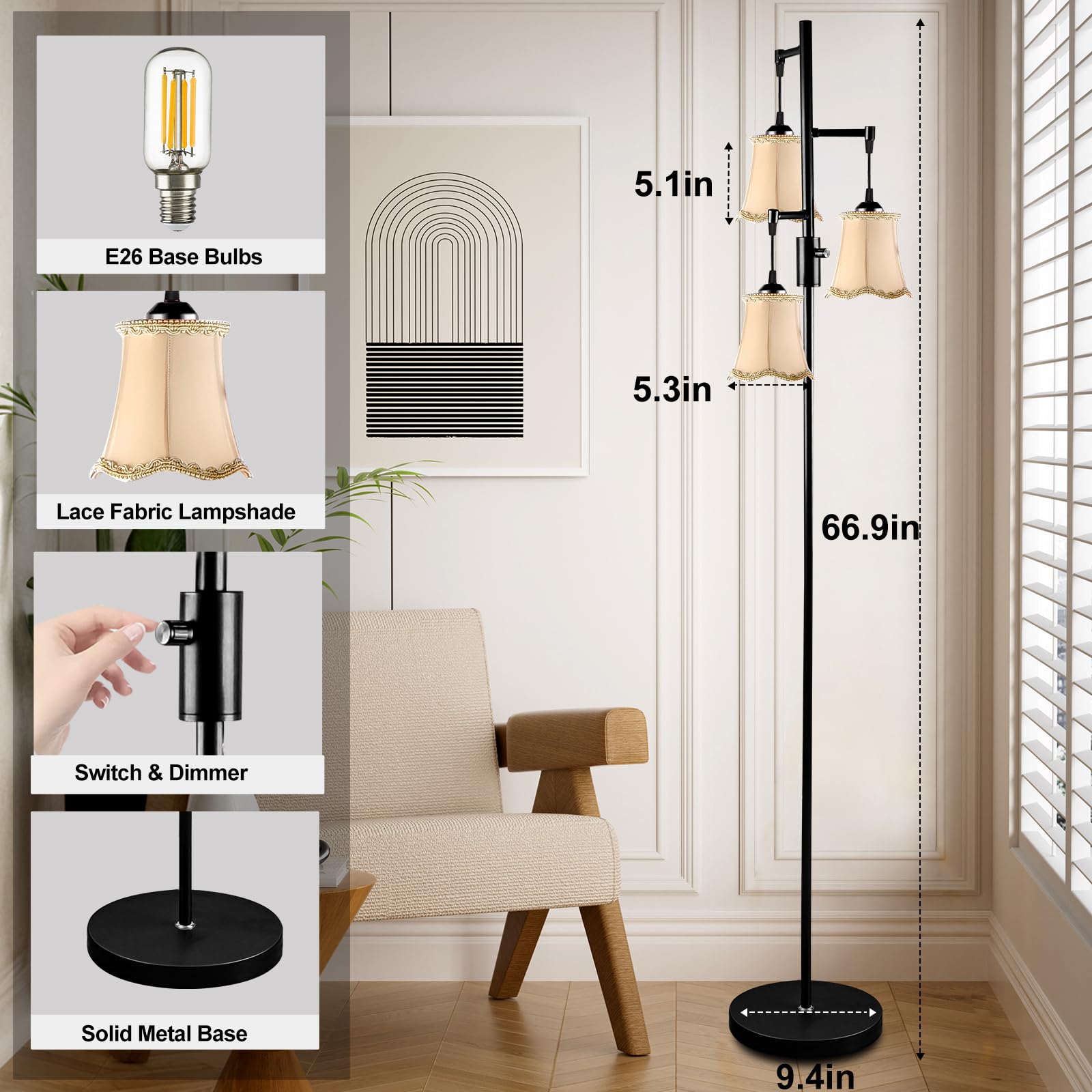 Lightdot LED Floor Lamp, Vintage Design, E26 Bulb Included, Fabric Shade, 66 Inch, 3 Floral-Black, Model LFLL-M-DC