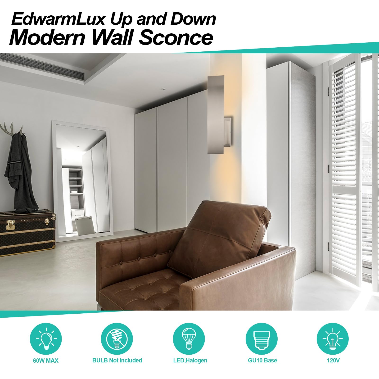 Edwarmlux Modern Wall Sconces, Dimmable Hardwired Lighting, 1 Pack, Brushed Nickel, Model PL-LR002D