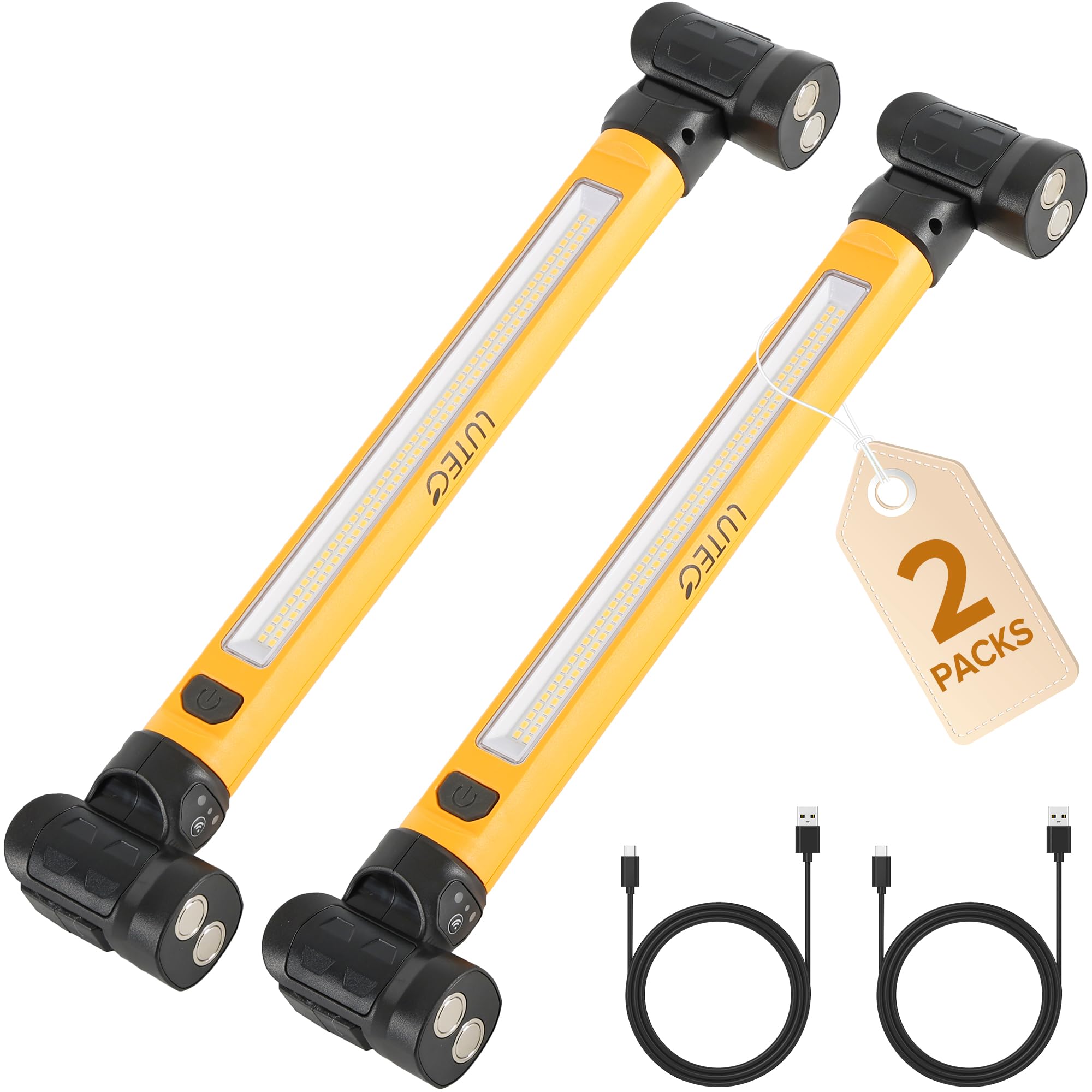 LUTEC 2 Pack 3000LM LED Work Light  5200mAh Rechargeable Magnetic Under Hood Work Light Bar with Hooks  Cordless Portable Mechanic Light for Car Repairing/Inspection/Garage/Emergency-Yellow