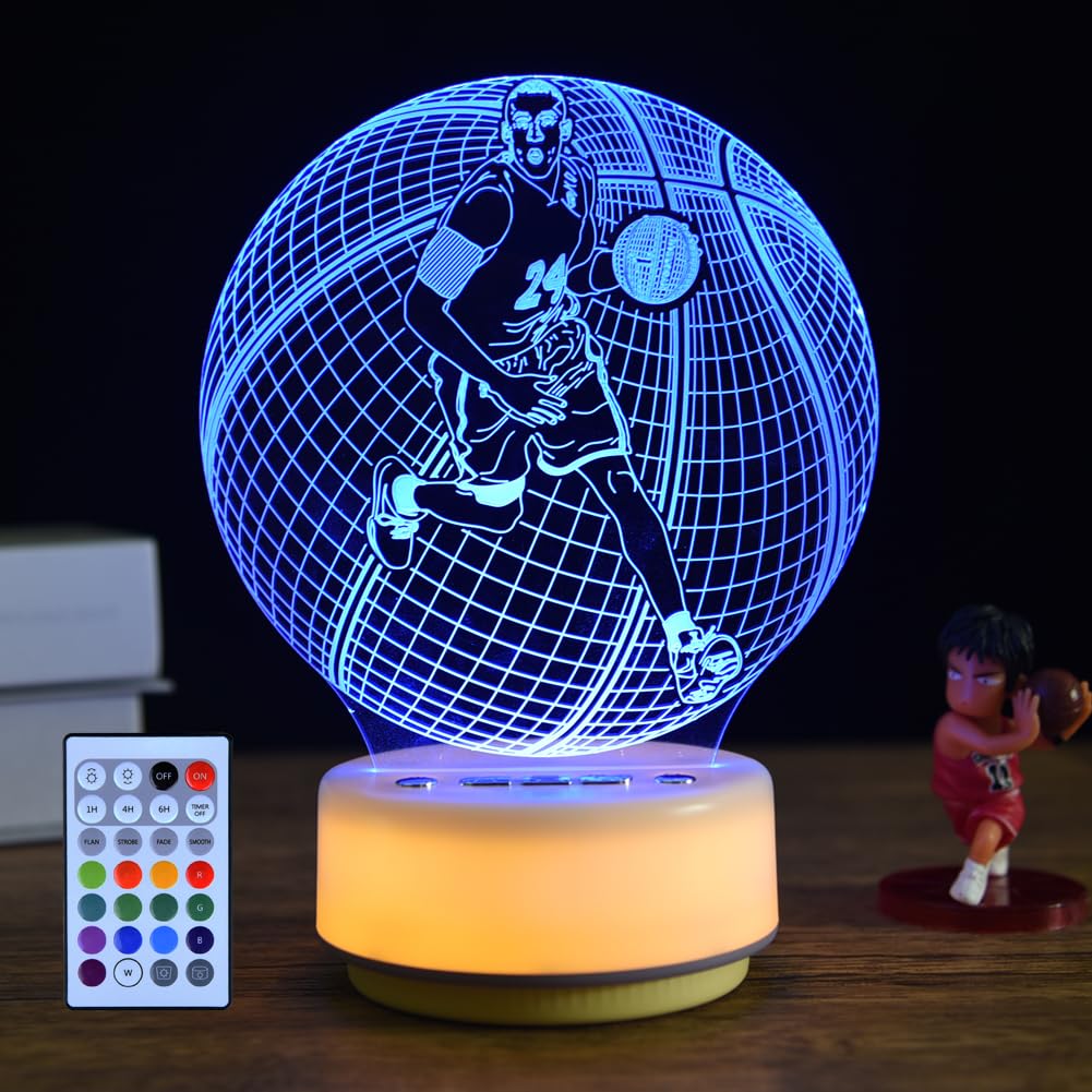 Basketball Night Light Sports Table Mood Lamp,14 Colors Pattern & Warm White Luminous Base Desk Light, Entity Key/Timer/Remote C
