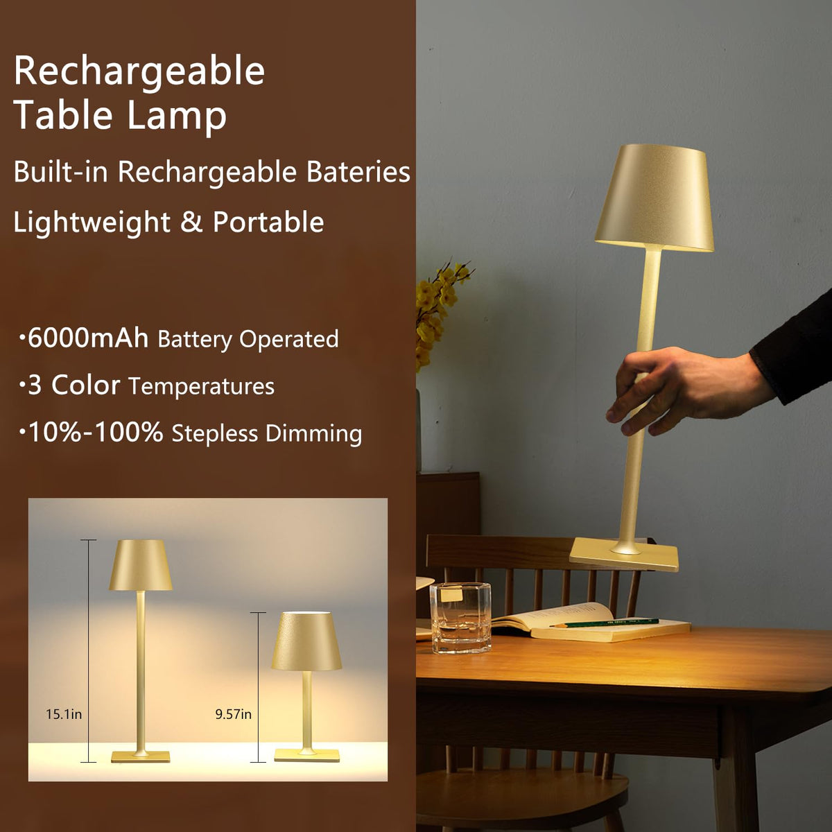 Riakrum 4 Pcs LED Portable Cordless Table Lamp With Touch Sensor 3 Color Stepless Dimming Rechargeable Battery Up To 15 Hours Cordless Table Light Wireless Lamp For Nursery (Gold