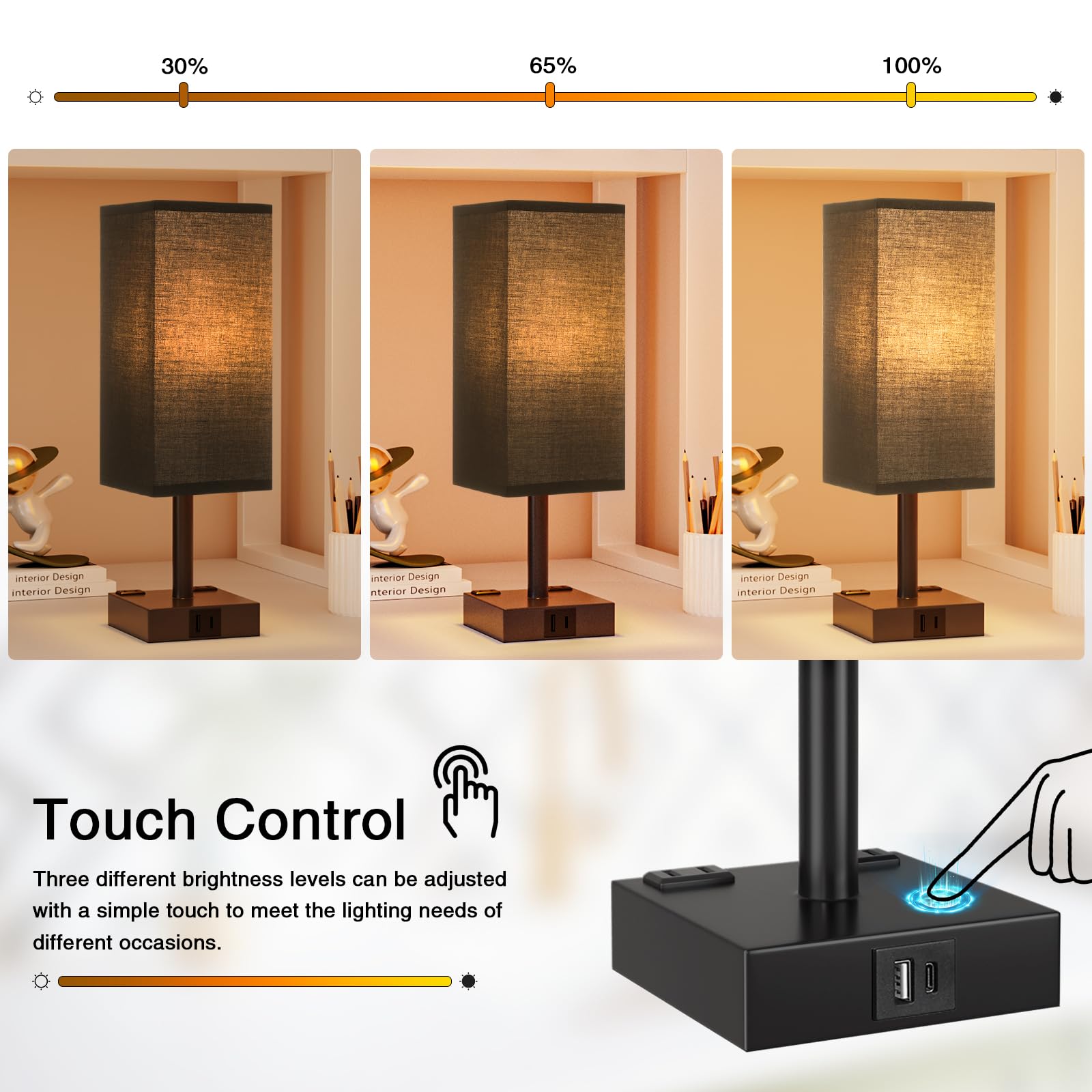 aooshine Touch Bedside Table Lamp - 3-Way Dimmable, USB A & Type C Ports, 14in, Black, Model 3-10
