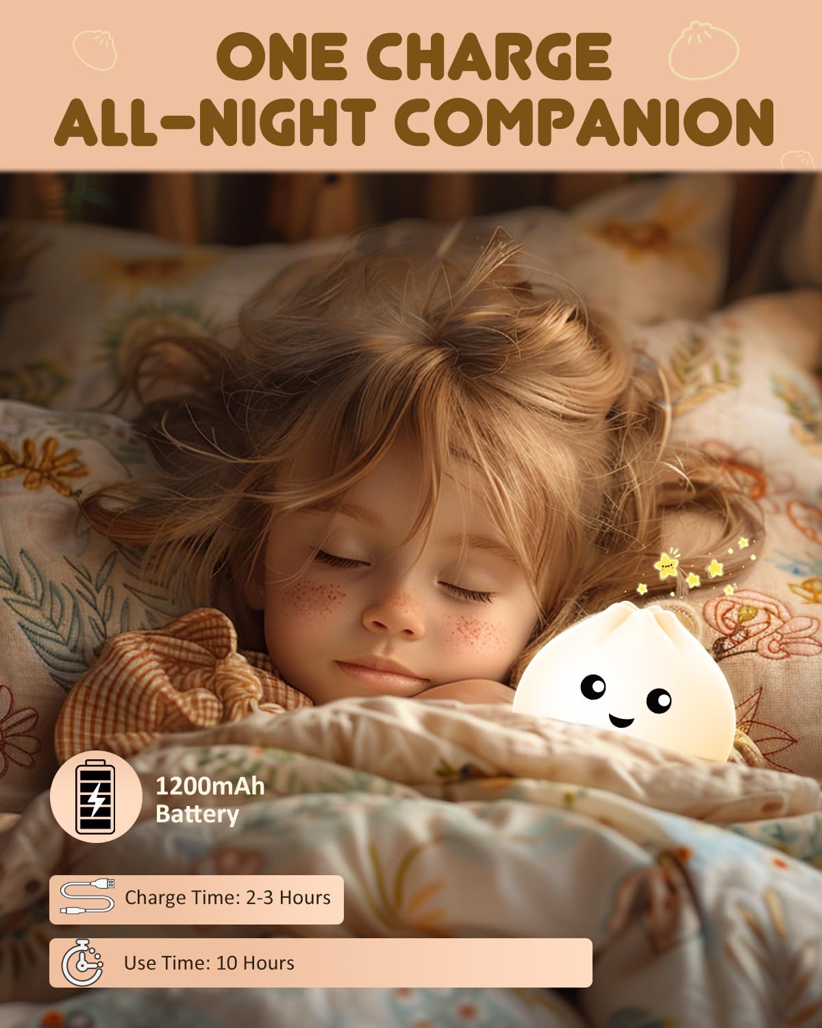 loatme Night Light for Kids, Rechargeable Silicone LED Lamp, Dimmable, 7 Colors, Model P007, BaoZi Color
