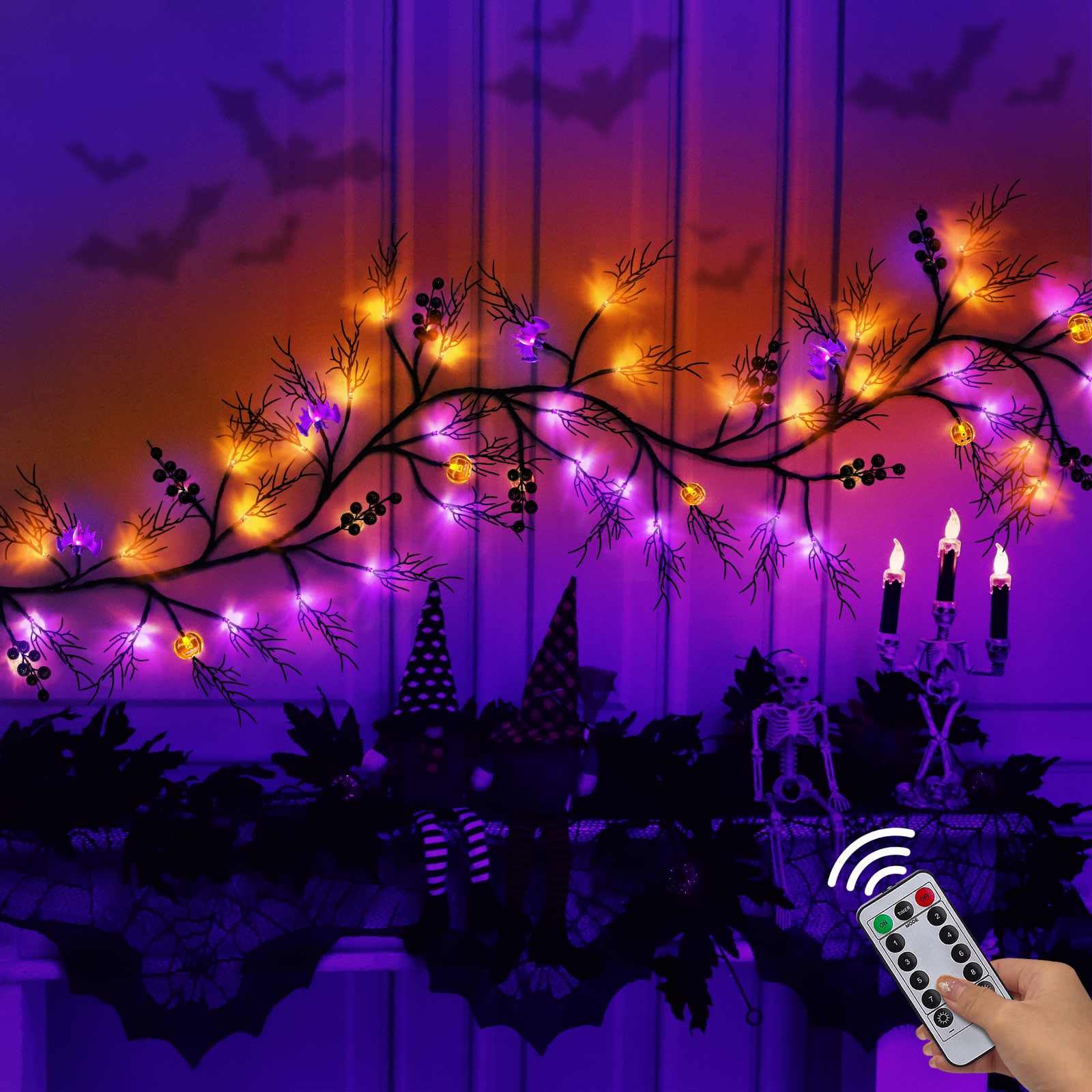Halloween Decorations,Halloween Garland With Purple & Orange Lights 8 Modes Timer, Remote Control 6 Ft 54 Leds Halloween Artificial Willow Vine Twig Pumpkins Bats Hanging Home Wall Fireplace Indoor