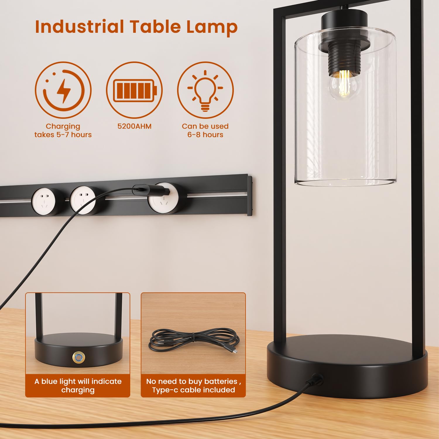 Battery Operated LED Touch Cordless Table Lamp Small 6000mAh Gradient Rechargeable Dimmable Table Lamp with Memory Function for