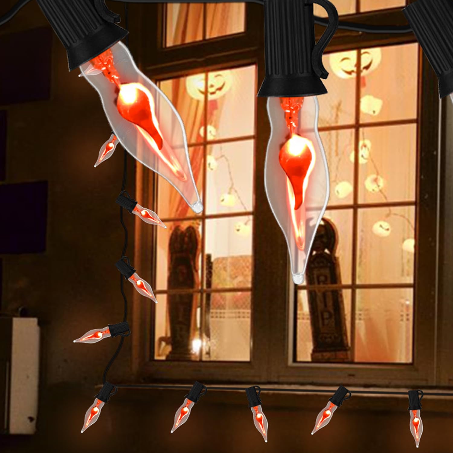 Pasuto Halloween Lights Indoor Flickering Flame String Lights With 10 Pack Clear C7 Flame Light Bulbs, 12.8Ft Flame String Lights For Halloween Decorations Indoor Outdoor Home Party Lights