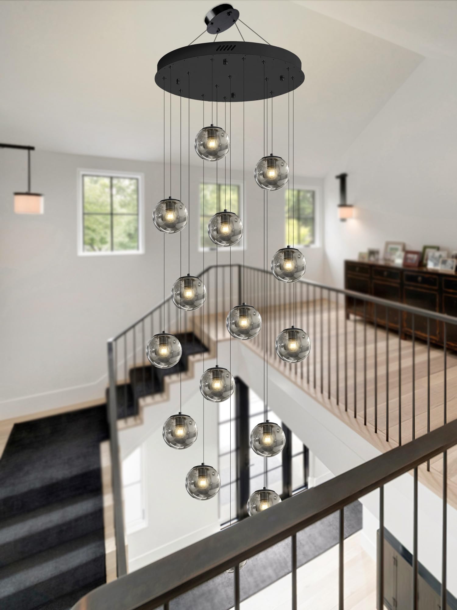 ykolupty Modern Smoke Gray Glass Globe Chandelier 15-Light Metal Pendant Light for High Ceilings, Living Room, Foyer, Model TP3016-YH-15H