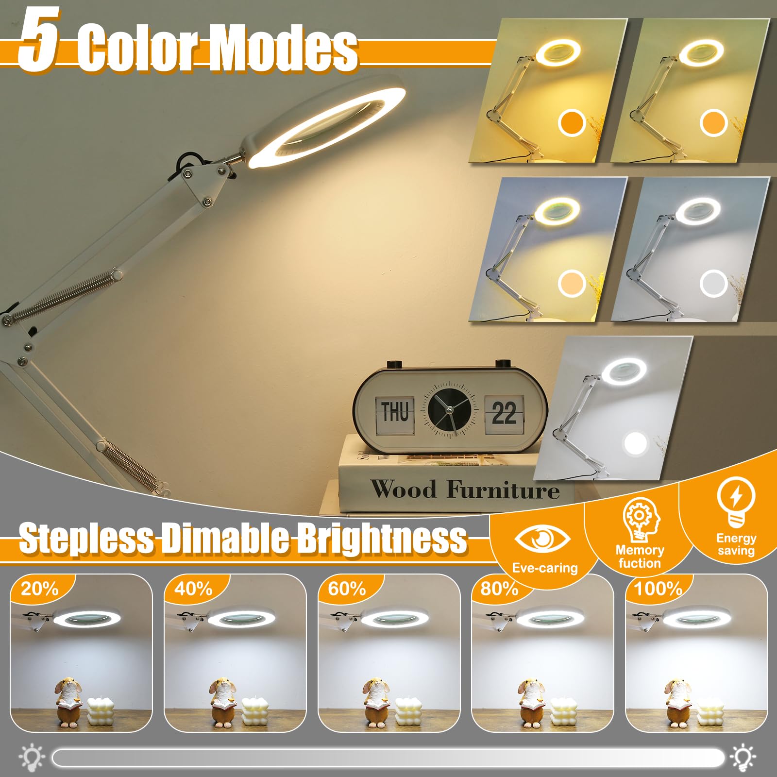 Ivmaie 10X Magnifying Glass With Light And Stand, 2-In-1 Lighted Magnifier With Clamp, 5 Color Modes Stepless Dimmable Led Desk Lamp Hands Free For Painting Craft Jewelry Sewing Close Work, White