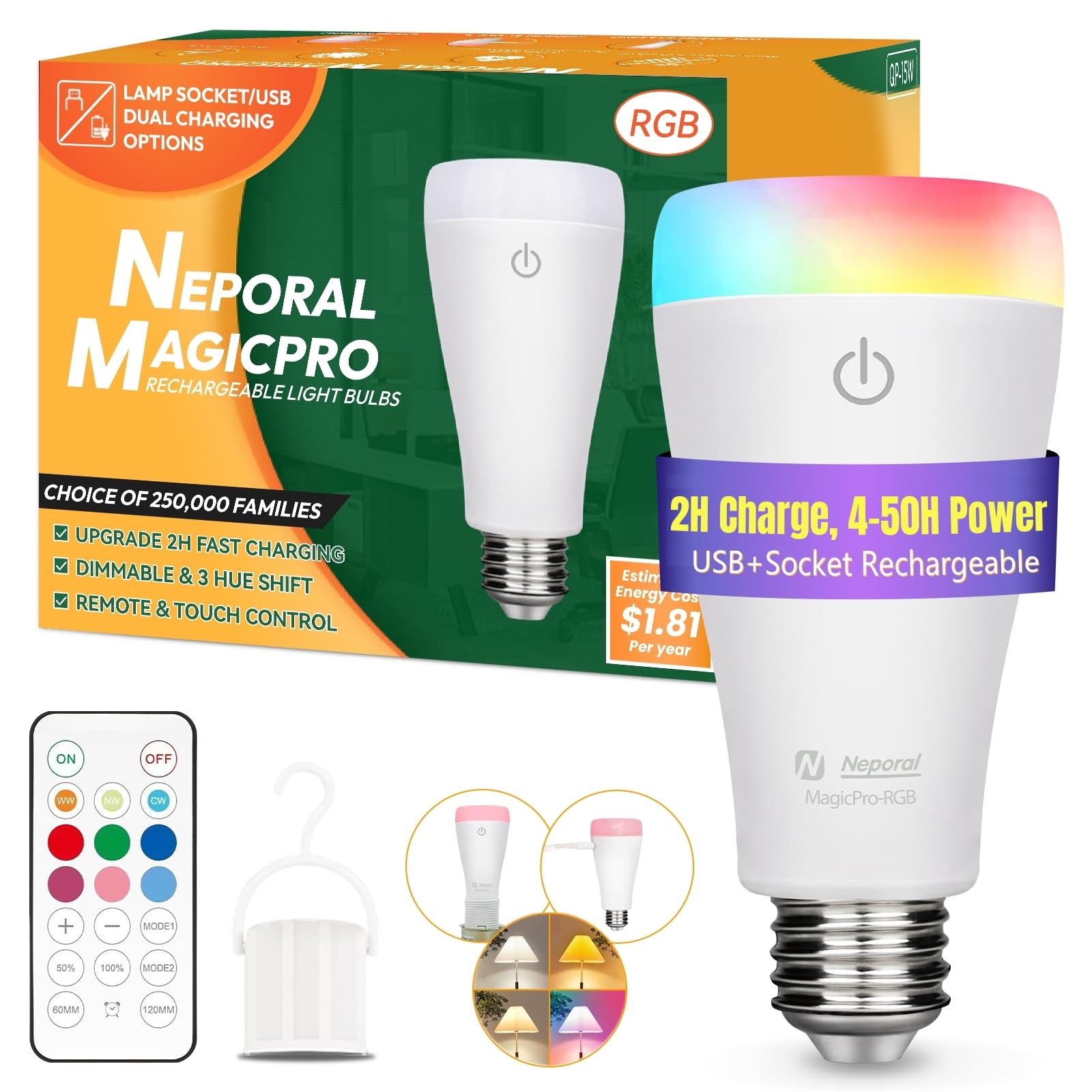 Neporal Magixpro Rechargeable Light Bulbs With Remote, Socket/Usb Rechargeable, 2H Fast Charge, 5-50H Light Up, 3-Color+6 Rgb Co