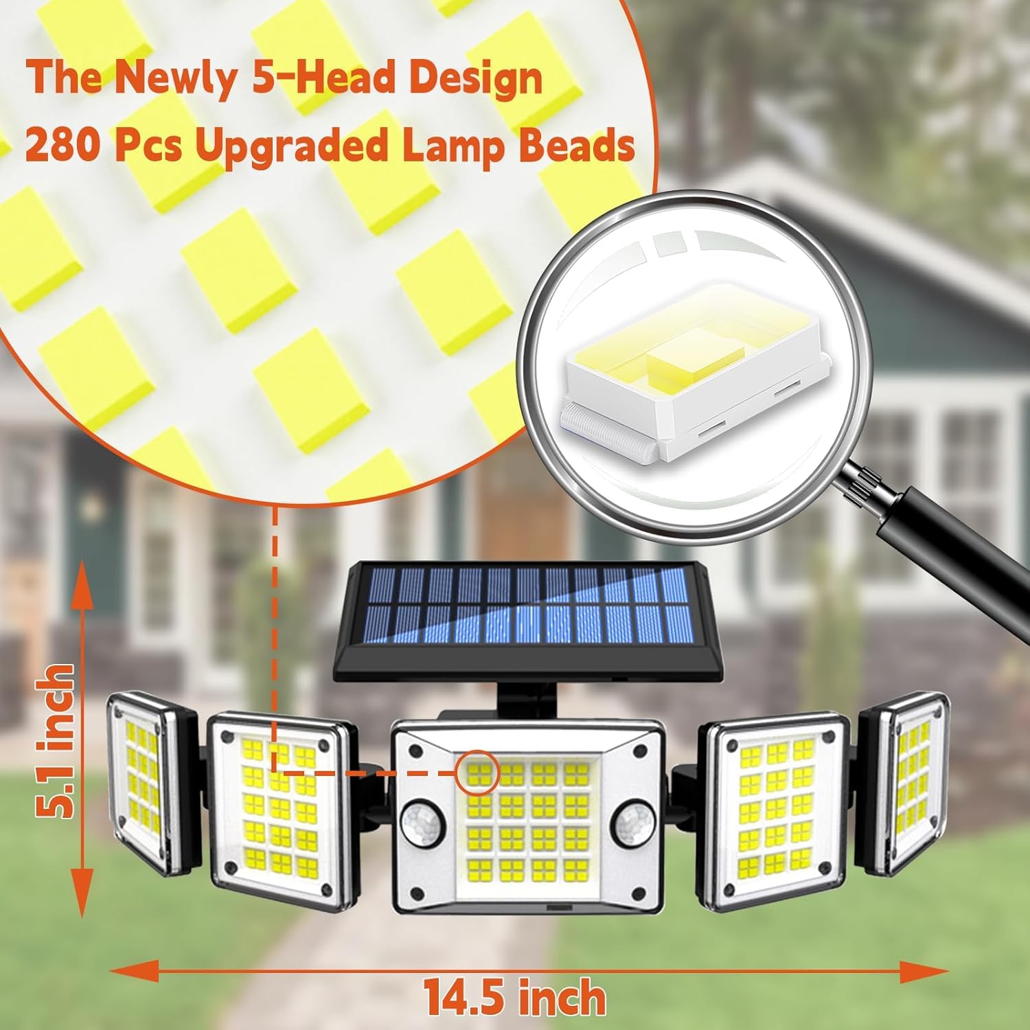 Bowite Solar Lights Outdoor Motion Sensor, 3000LM, 280 LEDs, 5 Heads, IP65 Waterproof, Split-type 2 Pack, Black, Model 25-SFL-02-
