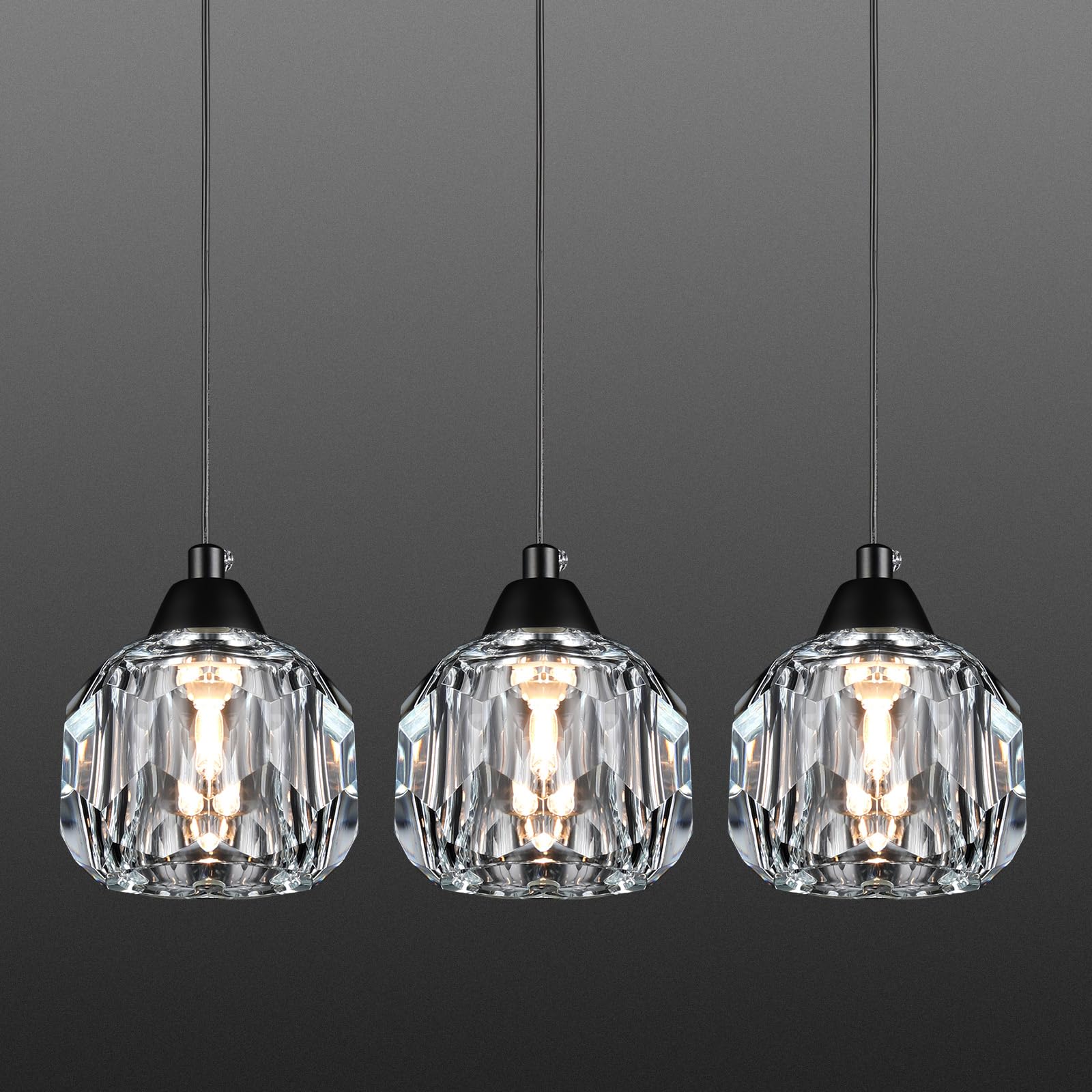 Weesalife Crystal Pendant Lighting, Black, 3-Pack, Modern Chandelier Fixture for Dining Room, Kitchen Island, Model A8817
