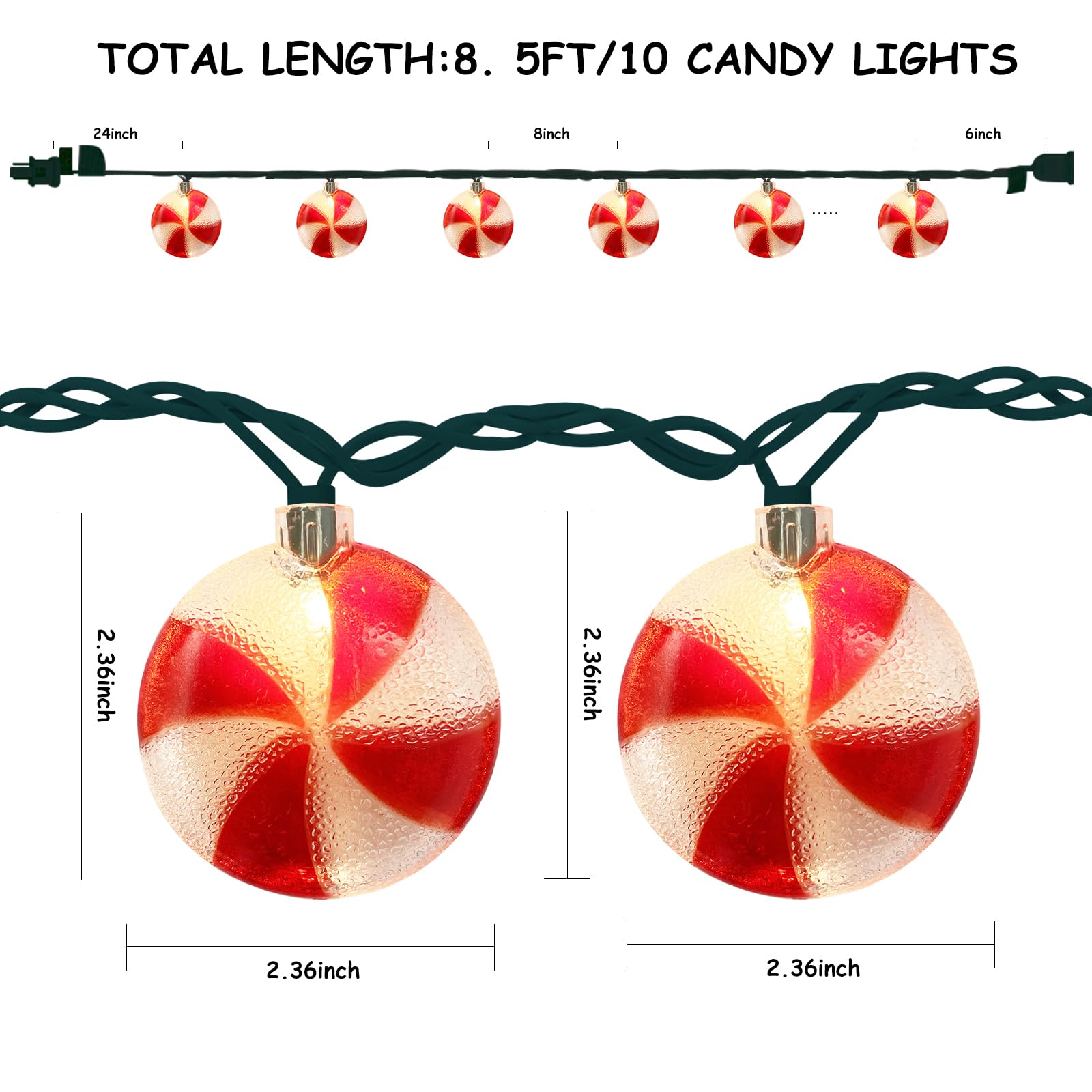 Bokoiuu 8.5Ft Christmas Candy String Lights, Hanging Christmas String Lights With 10 Red White Round Candy Lights, Candy Fairy Lights For Outdoor Party Birthday Bedroom Christmas Decor, Warm White