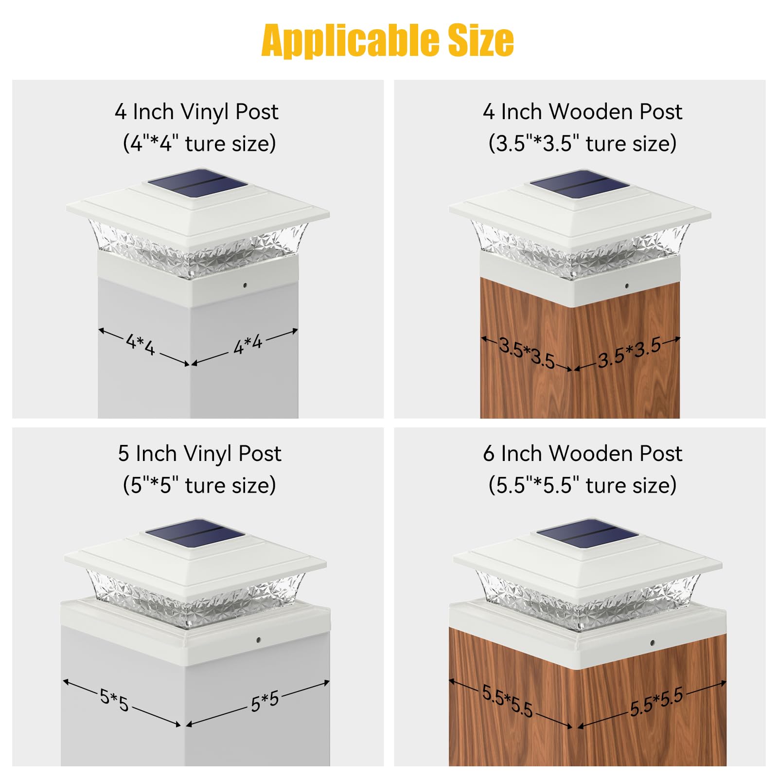 APONUO Solar Post Lights, 2 Modes, 16 LEDs, Waterproof, 12 Pack, for 4x4 5x5 6x6 Posts, White, Model 181