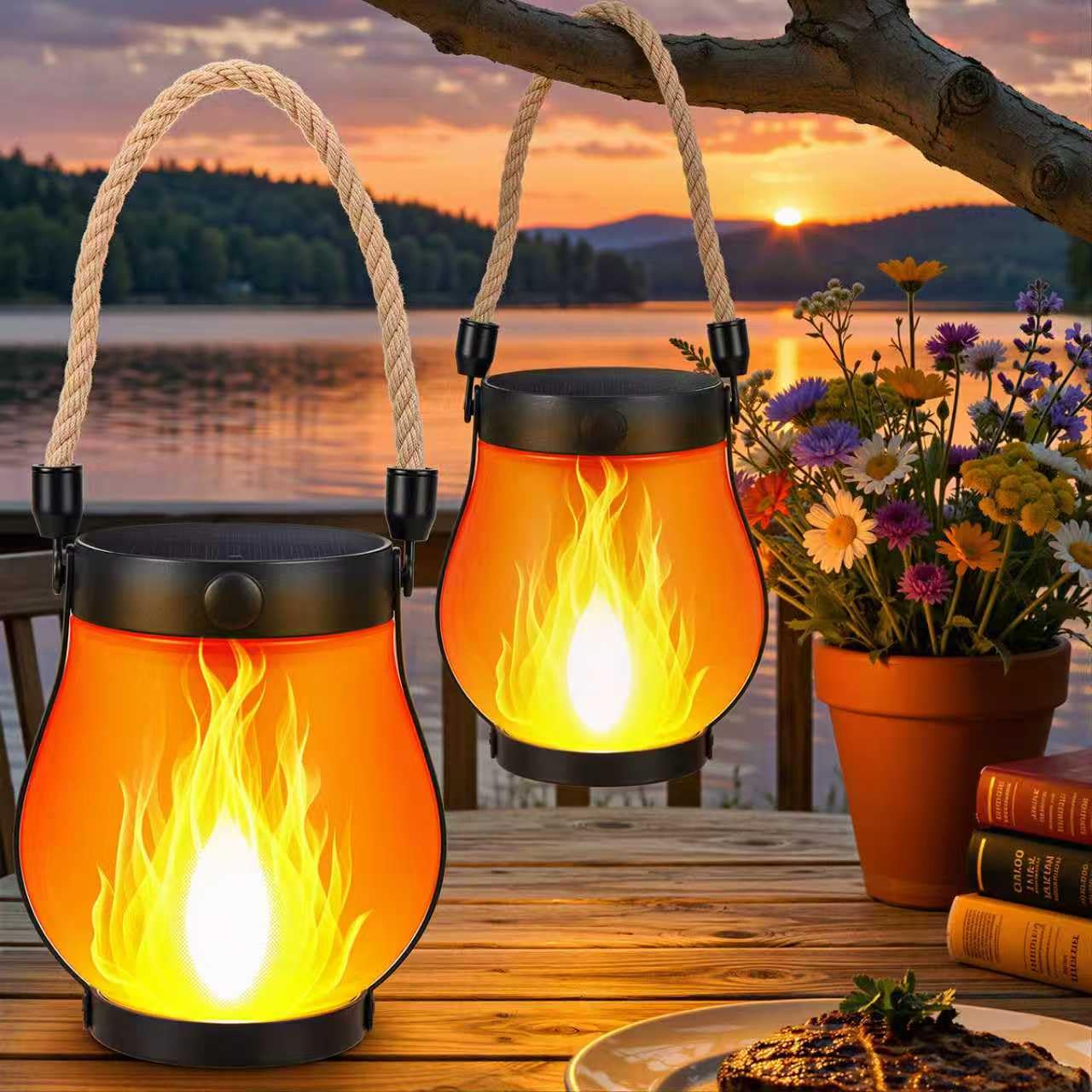 2 Pack Solar Flame Lantern Lights - Flickering Flame Hanging Lanterns Outdoor, Waterproof Garden Lights with 2 Modes Dual Chargi