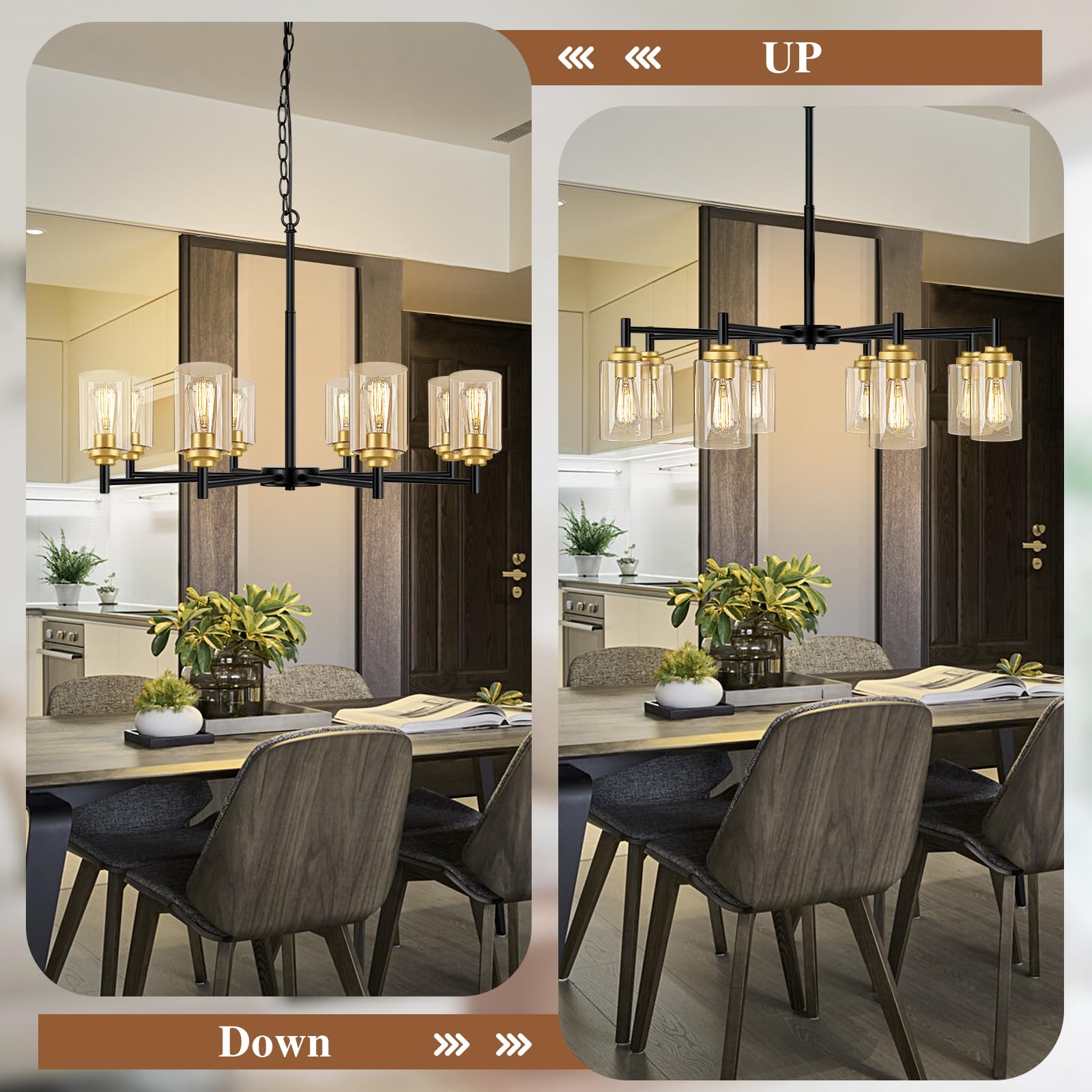 Sucolite 8-Light Black & Gold Chandelier - Modern Farmhouse Pendant Lighting For Dining Room, Height Adjustable, Model 3358-P8-Bk