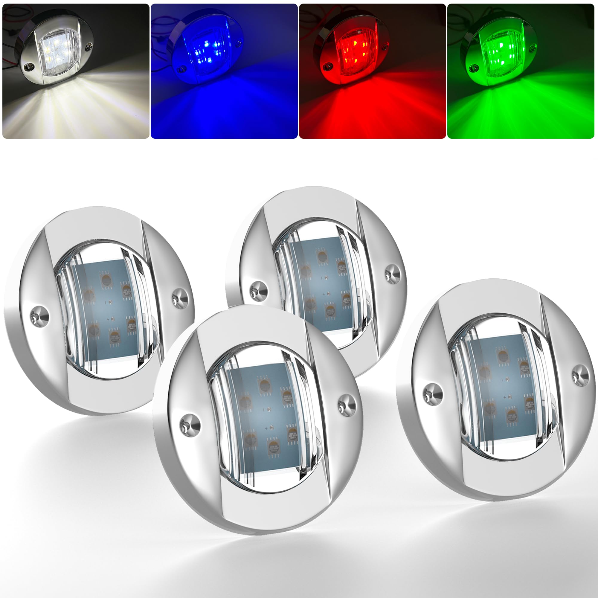 PSEQT 6LED RGBW Boat Courtesy Lights  4-color 3 Round Waterproof Marine Interior Deck Transom Stern Navigation Lights for Pontoon Fishing Boat Bass Sailboat Kayak Yacht (Pack of 4)