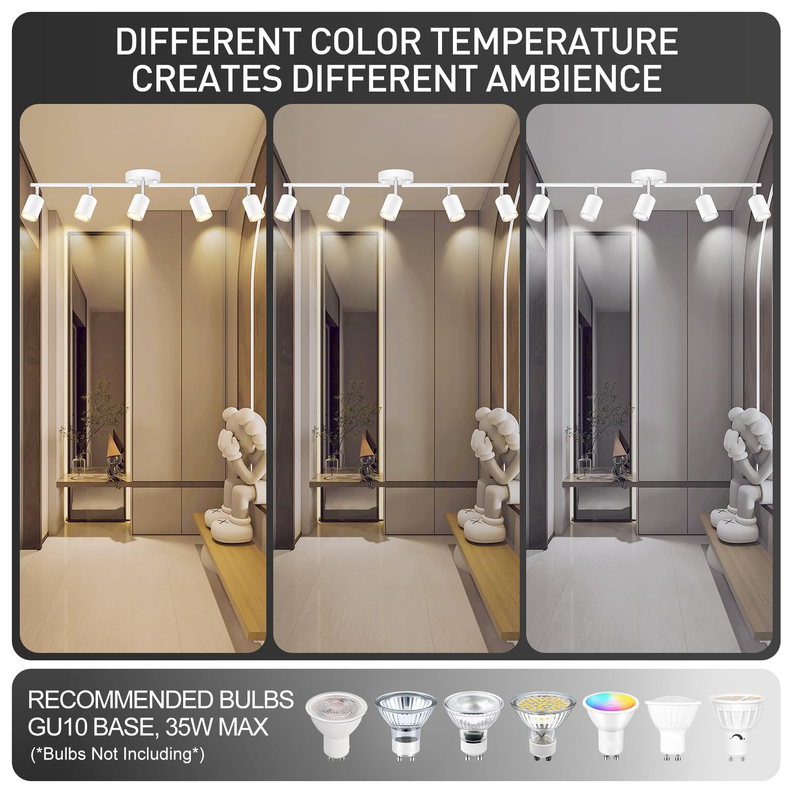 Track Lighting, Led Track Lighting Fixtures Ceiling, White Track Lights For Bedroom, 30'' Ceiling Spotlight Kit, 5 Light Track W