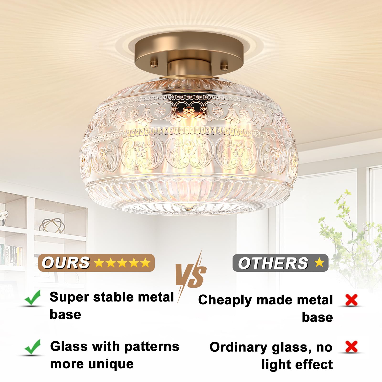 Oykyohei Modern Semi Flush Mount Ceiling Light, Clear Glass, Gold Fixture For Kitchen & Hallway