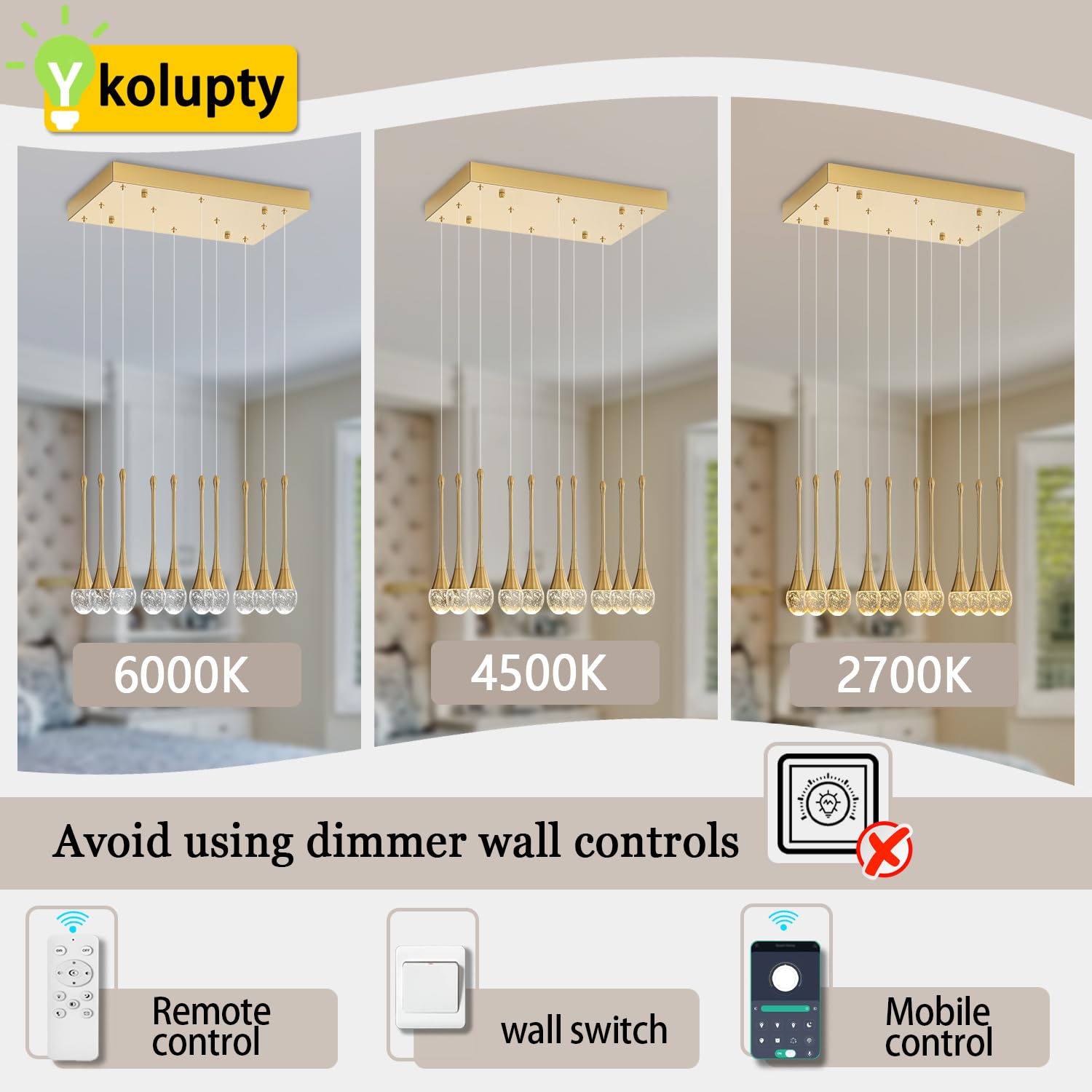 Ykolupty Rectangular Chandeliers For Entryway Gold Dining Room Lights Fixture Raindrop Pendant Lights Kitchen Island Crystal Cha
