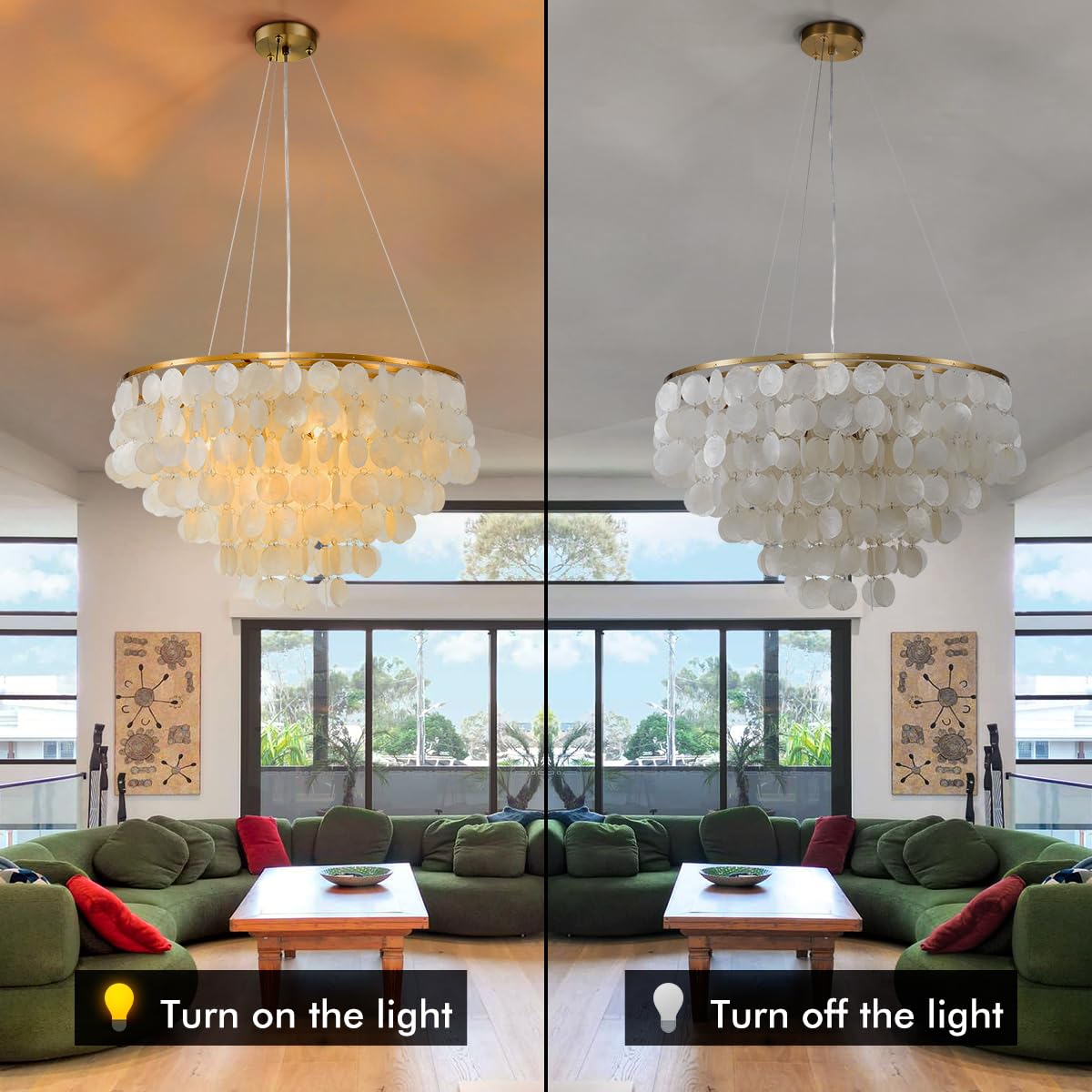 A Million 4-Light Capiz Shell Chandelier, 24" Brush Gold Pendant for Living Room/Office, Model 2300118001