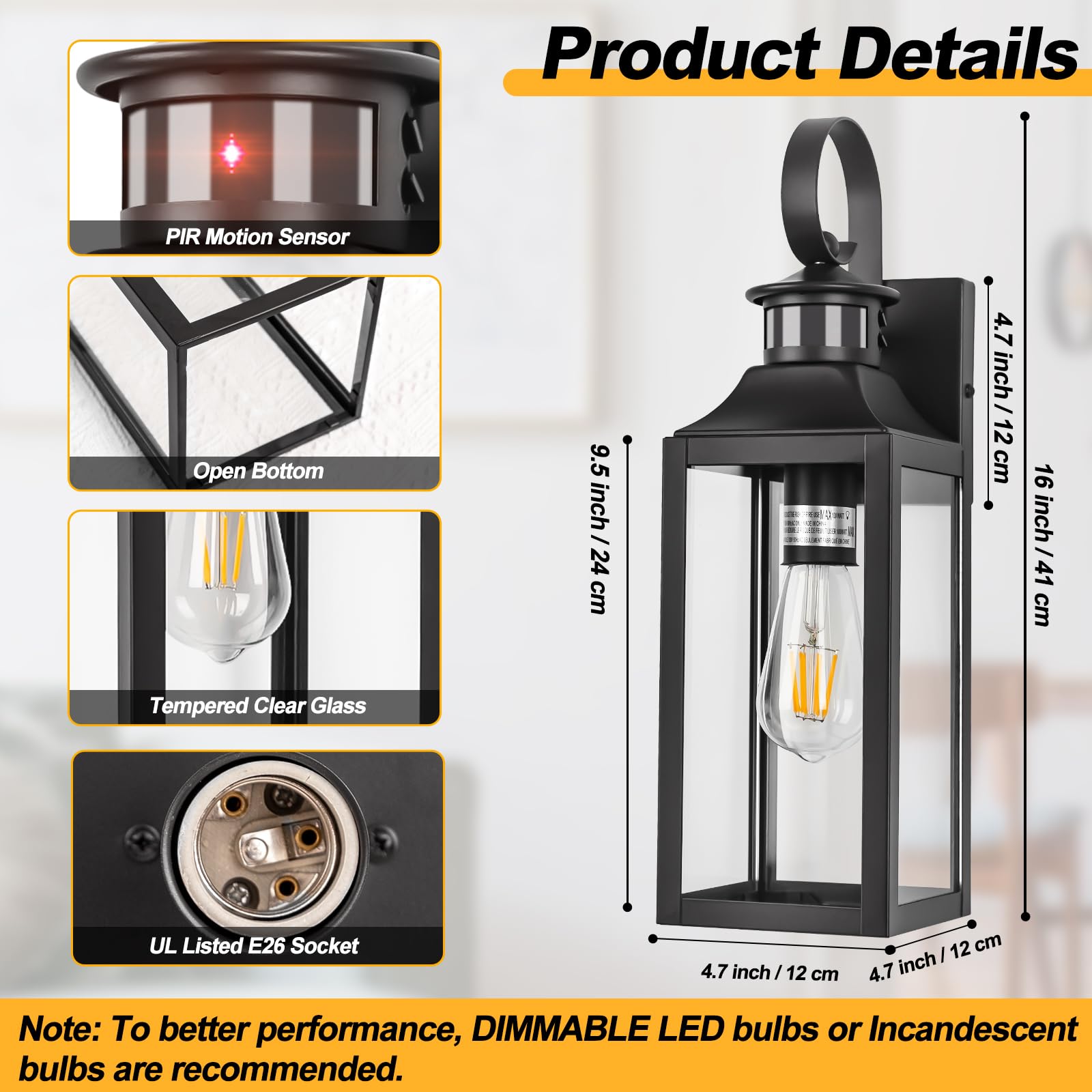 Yolsunes Motion Sensor Outdoor Wall Lights, Black, 2 Pack, Waterproof, 16" Modern Porch Lanterns with Dusk to Dawn Feature