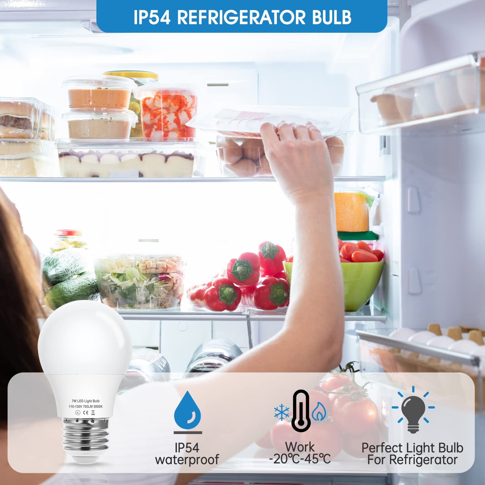 EvaStary Refrigerator Light Bulb, 7W A15, Daylight White 5000K, Waterproof, Non-Dimmable, 2 Pack