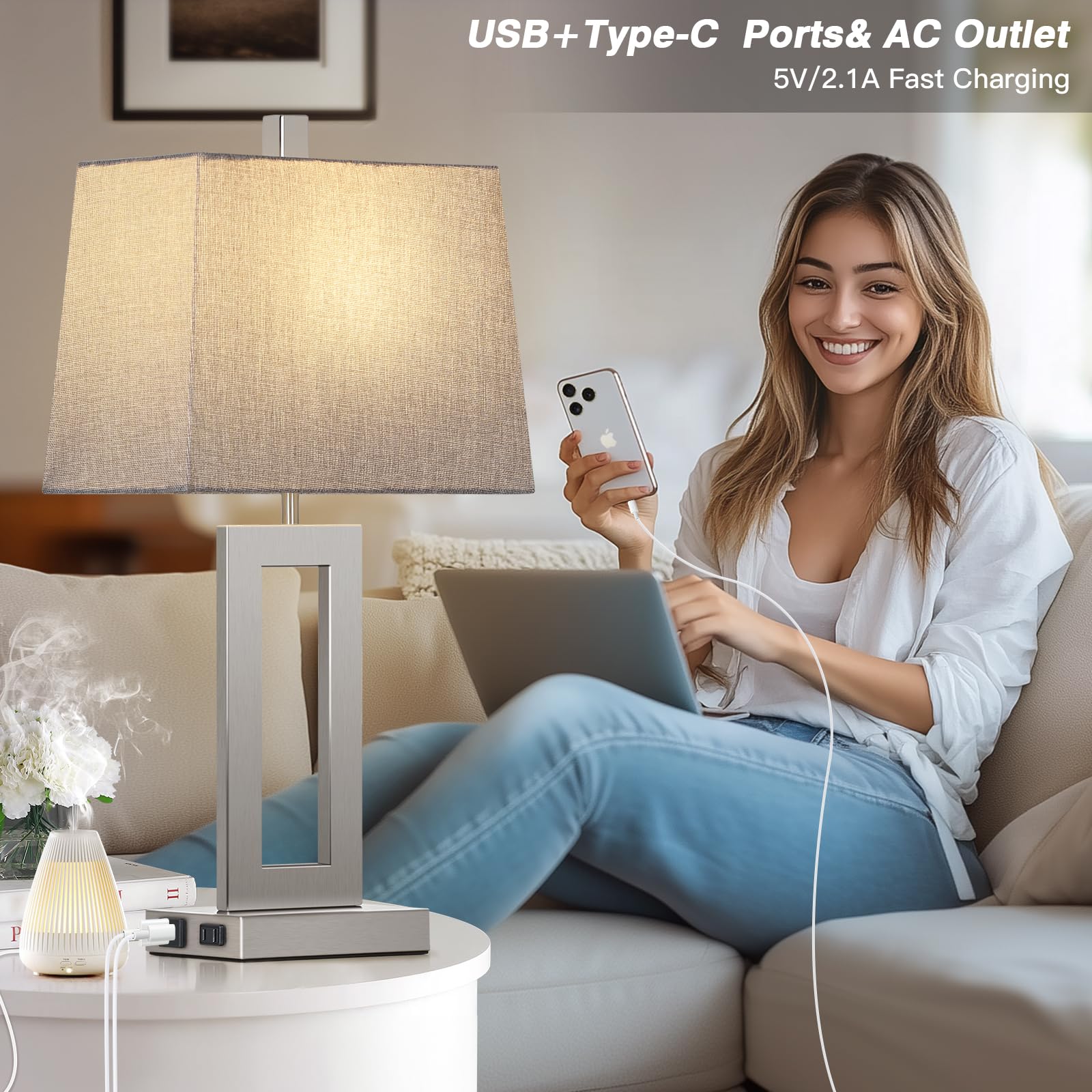 Cinkeda Touch Control Table Lamp Set of 2, Modern Gray Lamps with USB C+A Ports, 3-Way Dimmable, Model TD-CK