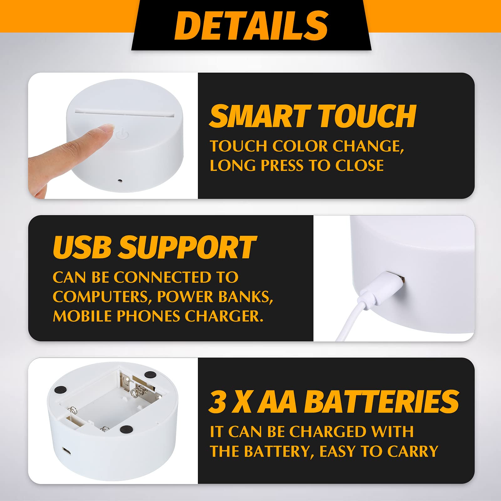 Honoson 3D Night LED Light Lamp Base, 16 Colors, Remote Control, Small, White