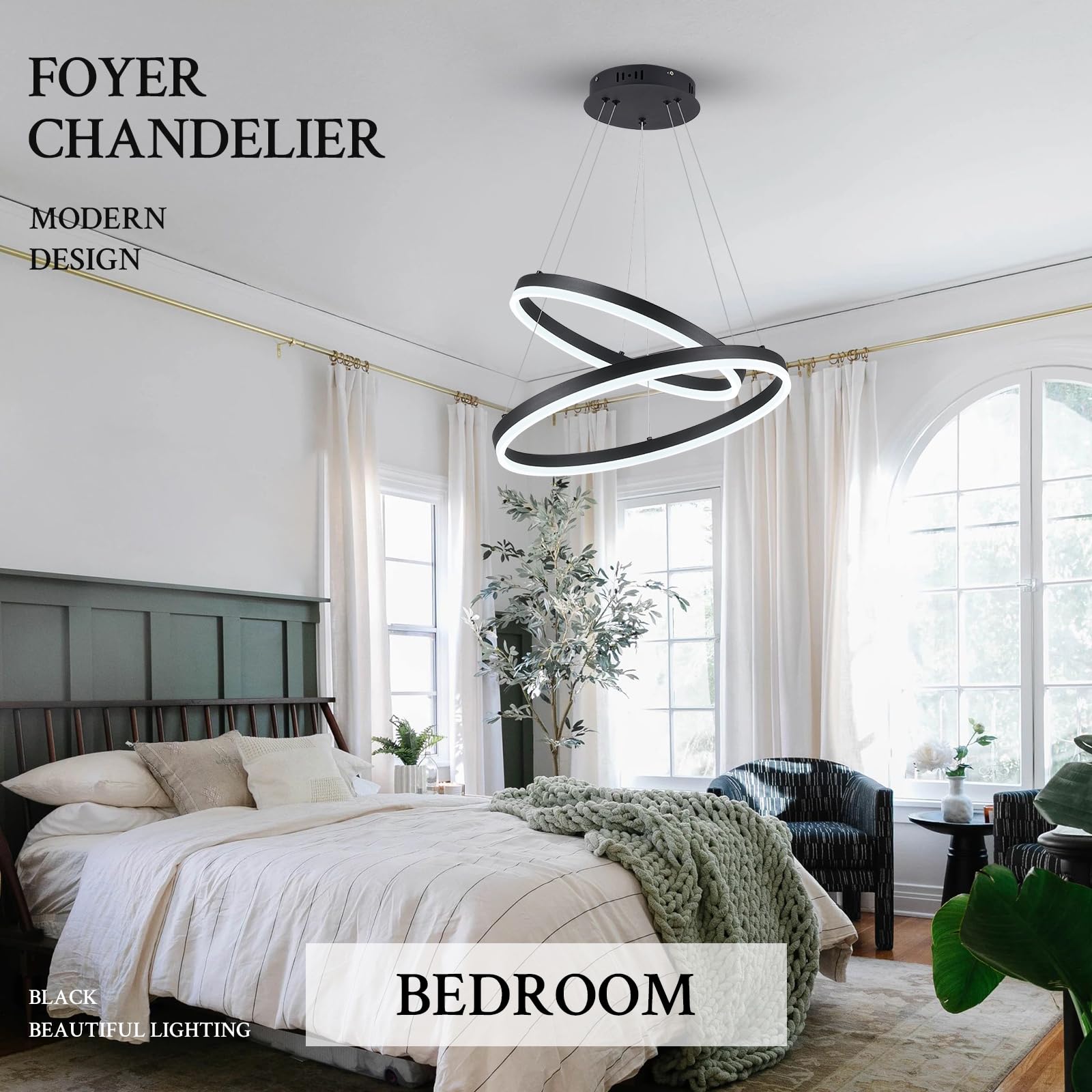 Sparklelf Modern LED Chandelier Pendant Light, Black, 2 Rings, Remote Control, Circular Flush Mount, 3000K-6500K for Living Room, Bedroom, Dining Room
