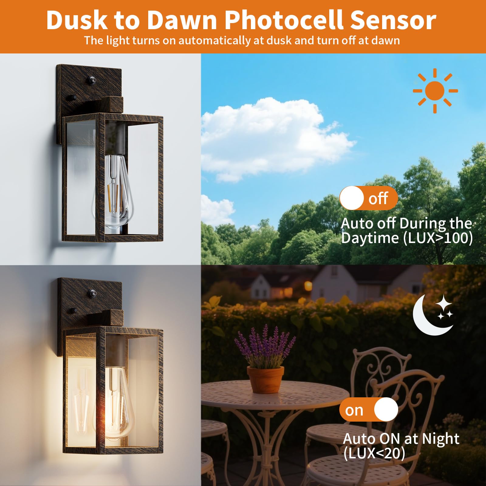 2 Pack Black Brush Gold Dusk To Dawn Exterior Lighting Fixtures Wall Mount  Sensor Outside Front Porch Lights For House  Outdoor Lantern Lamp  Wall Sconce Lights  Coach Light For Garage Entryway