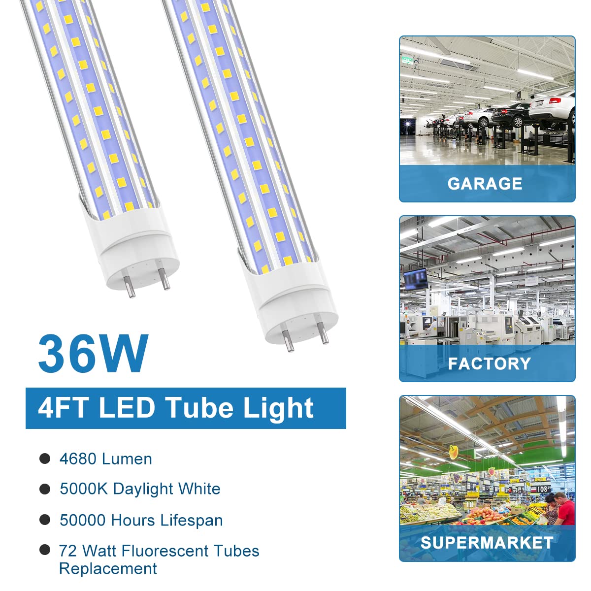 Shopled 4Ft Led Type A+B Tube Light 36W(Equivalent 96W) 5000K 4680Lm Plug And Play Or Ballast Bypass D-Shaped Double End Powered