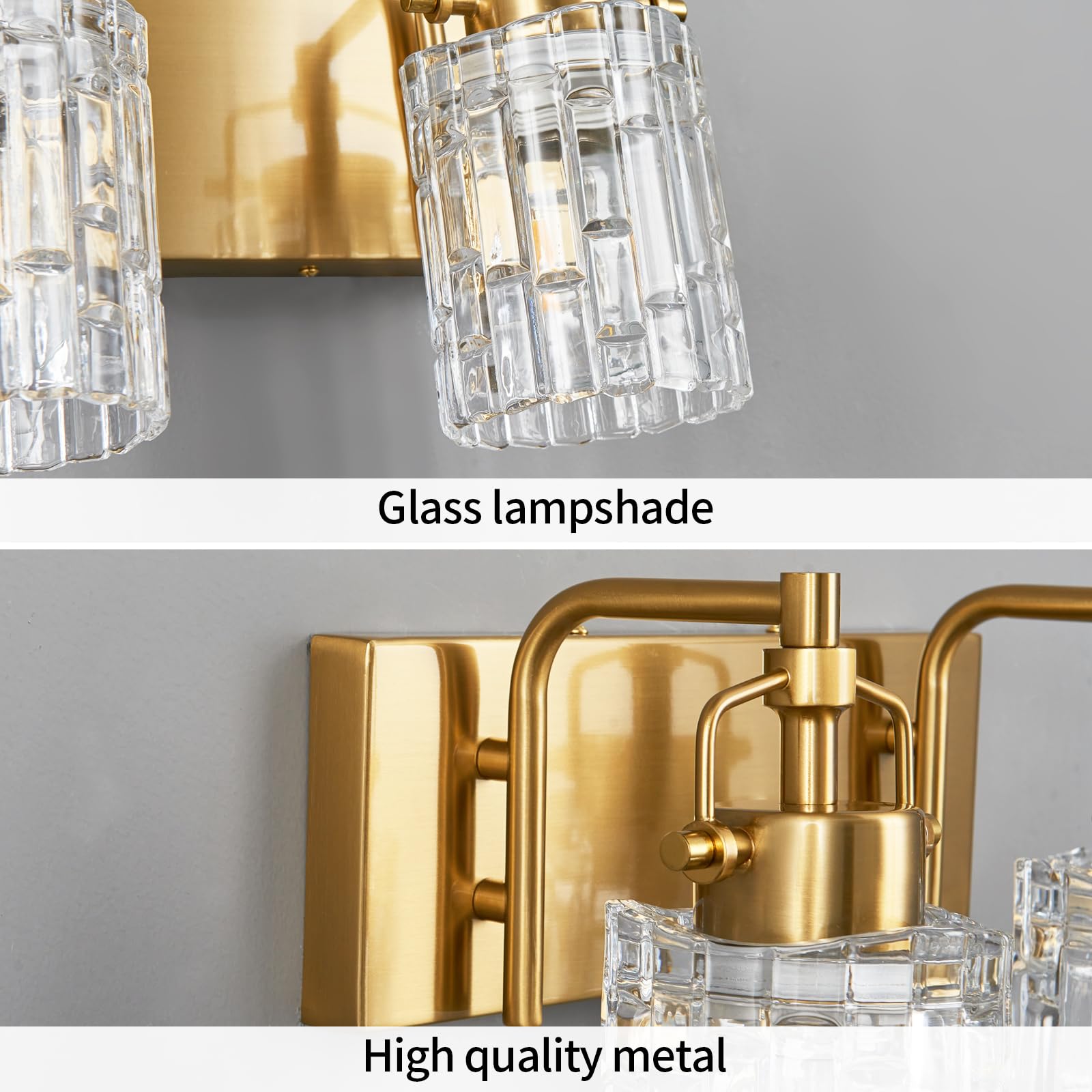 BNHHLZ Modern Vanity Light - 2-Light Gold Bathroom Fixture with Crystal Glass Shade, Model 4132, Metal Construction