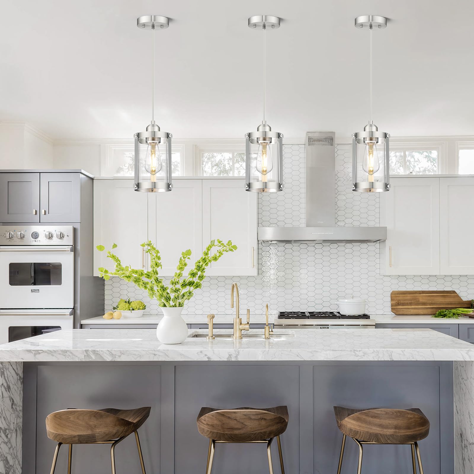 Osimir Brushed Nickel Pendant Lights Kitchen Island 3 Pack, Modern Kitchen Pendant Lighting Over Island With Clear Glass, Farmho